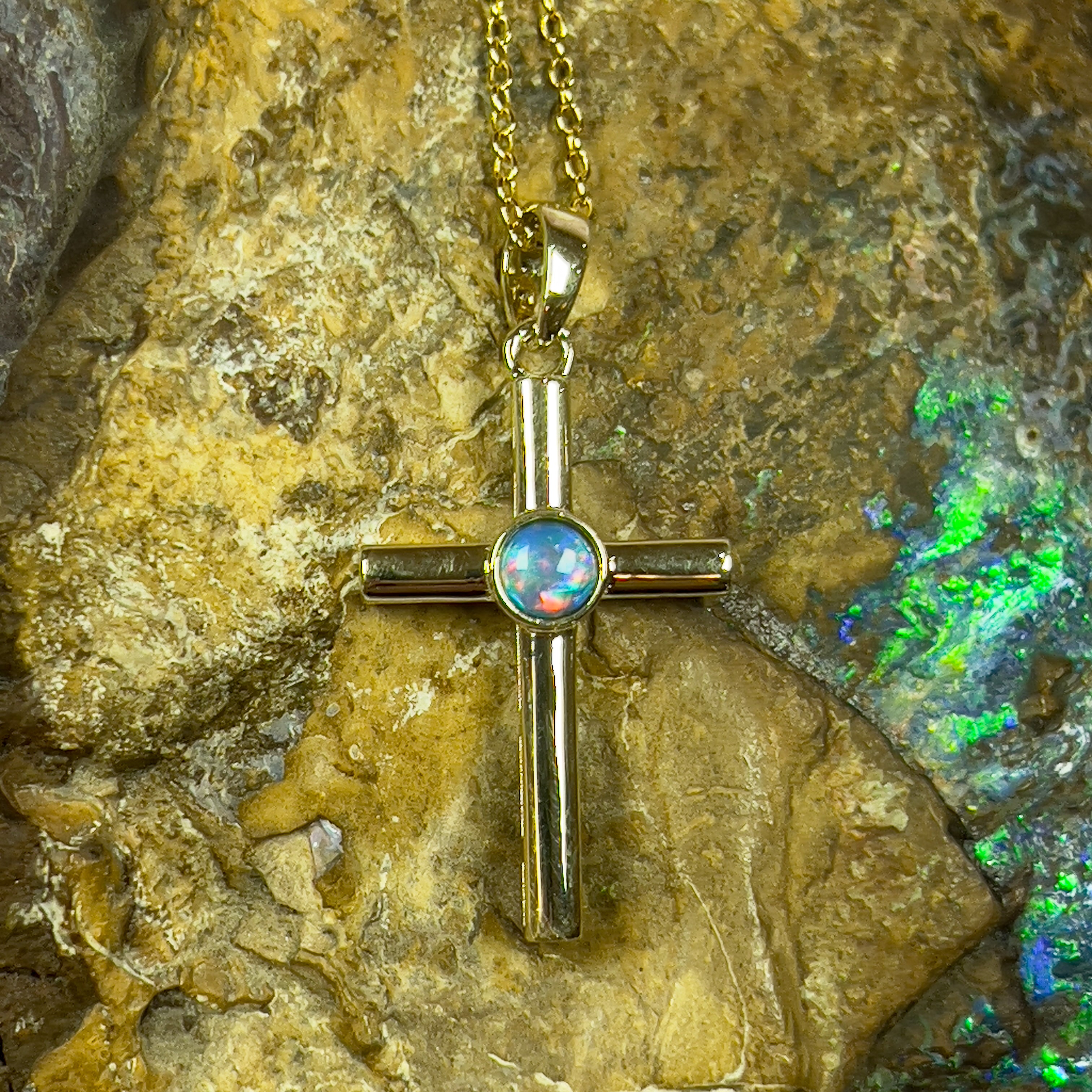 14kt Yellow Gold Opal 4mm Cross pendant - Masterpiece Jewellery Opal & Gems Sydney Australia | Online Shop