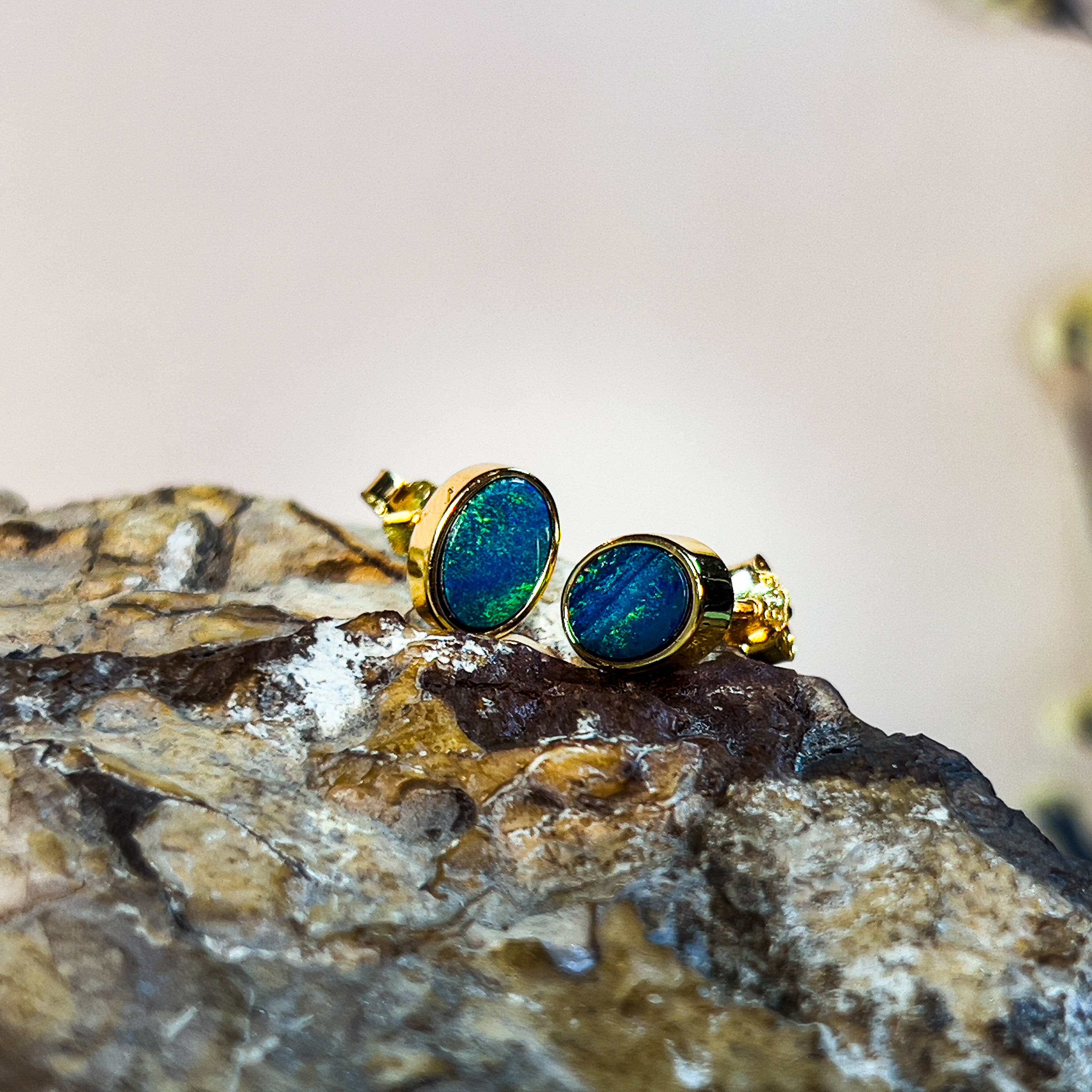 Gold Plated 7x5mm Opal doublet studs - Masterpiece Jewellery Opal & Gems Sydney Australia | Online Shop