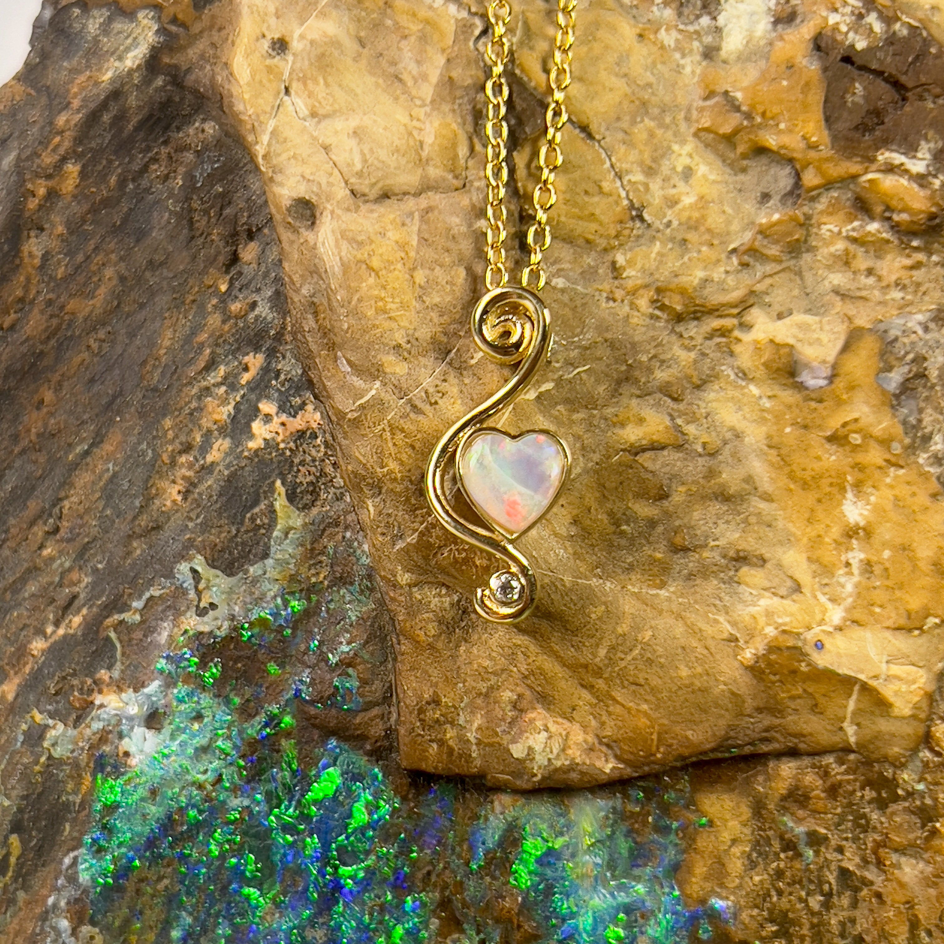 18kt Yellow gold pendant with 5mm Heart Opal and diamond - Masterpiece Jewellery Opal & Gems Sydney Australia | Online Shop