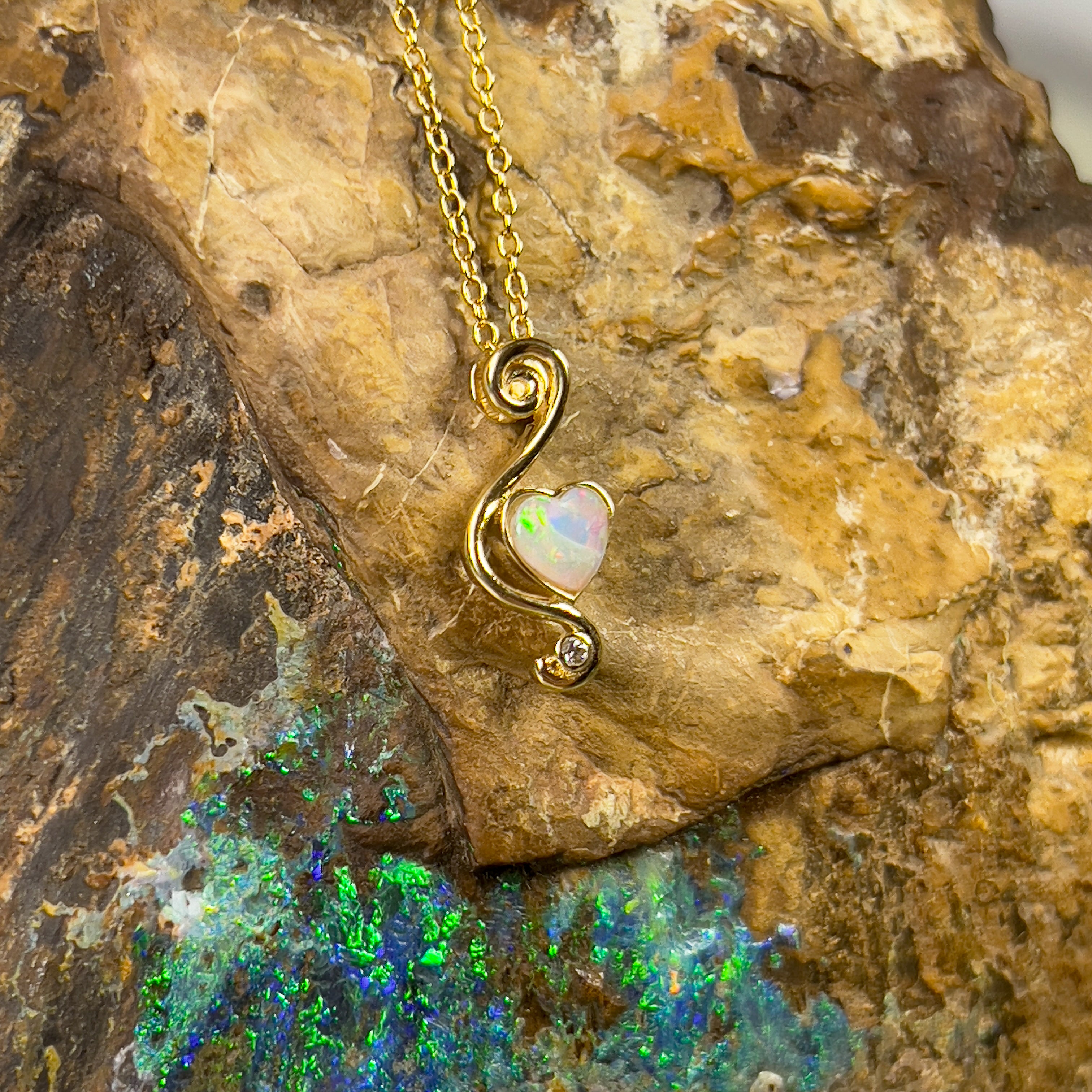 18kt Yellow gold pendant with 5mm Heart Opal and diamond - Masterpiece Jewellery Opal & Gems Sydney Australia | Online Shop