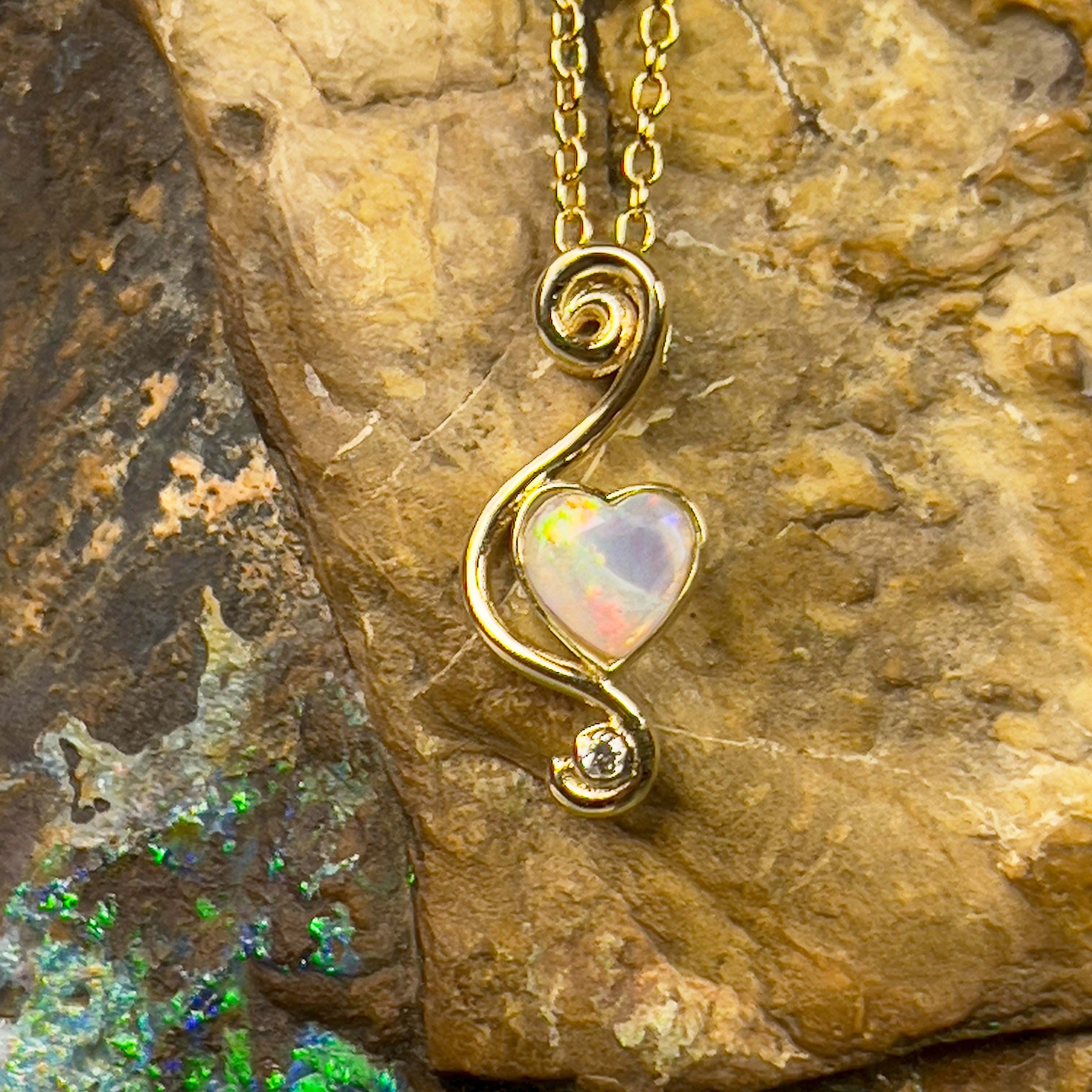 18kt Yellow gold pendant with 5mm Heart Opal and diamond - Masterpiece Jewellery Opal & Gems Sydney Australia | Online Shop