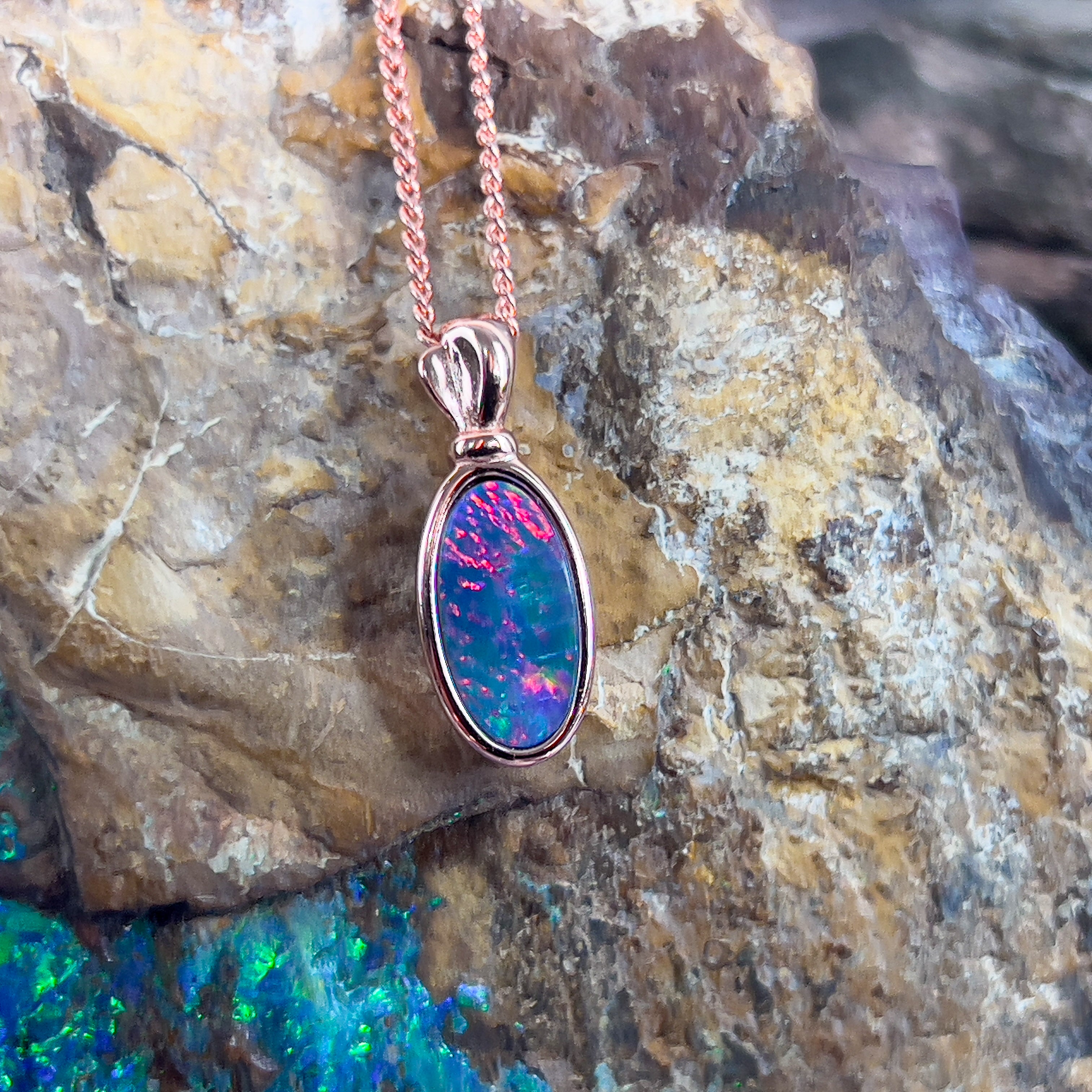 Rose Gold plated Silver Opal doublet 19x7.5mm pendant - Masterpiece Jewellery Opal & Gems Sydney Australia | Online Shop