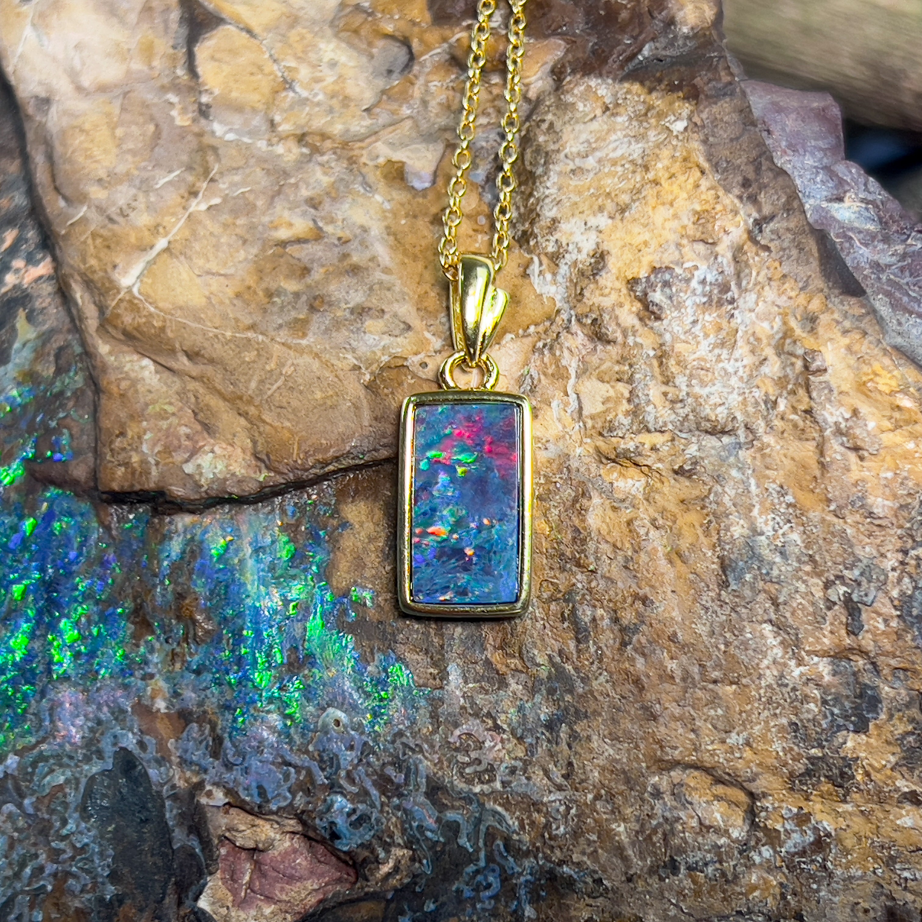 Gold Plated Silver rectangular Opal doublet pendant - Masterpiece Jewellery Opal & Gems Sydney Australia | Online Shop