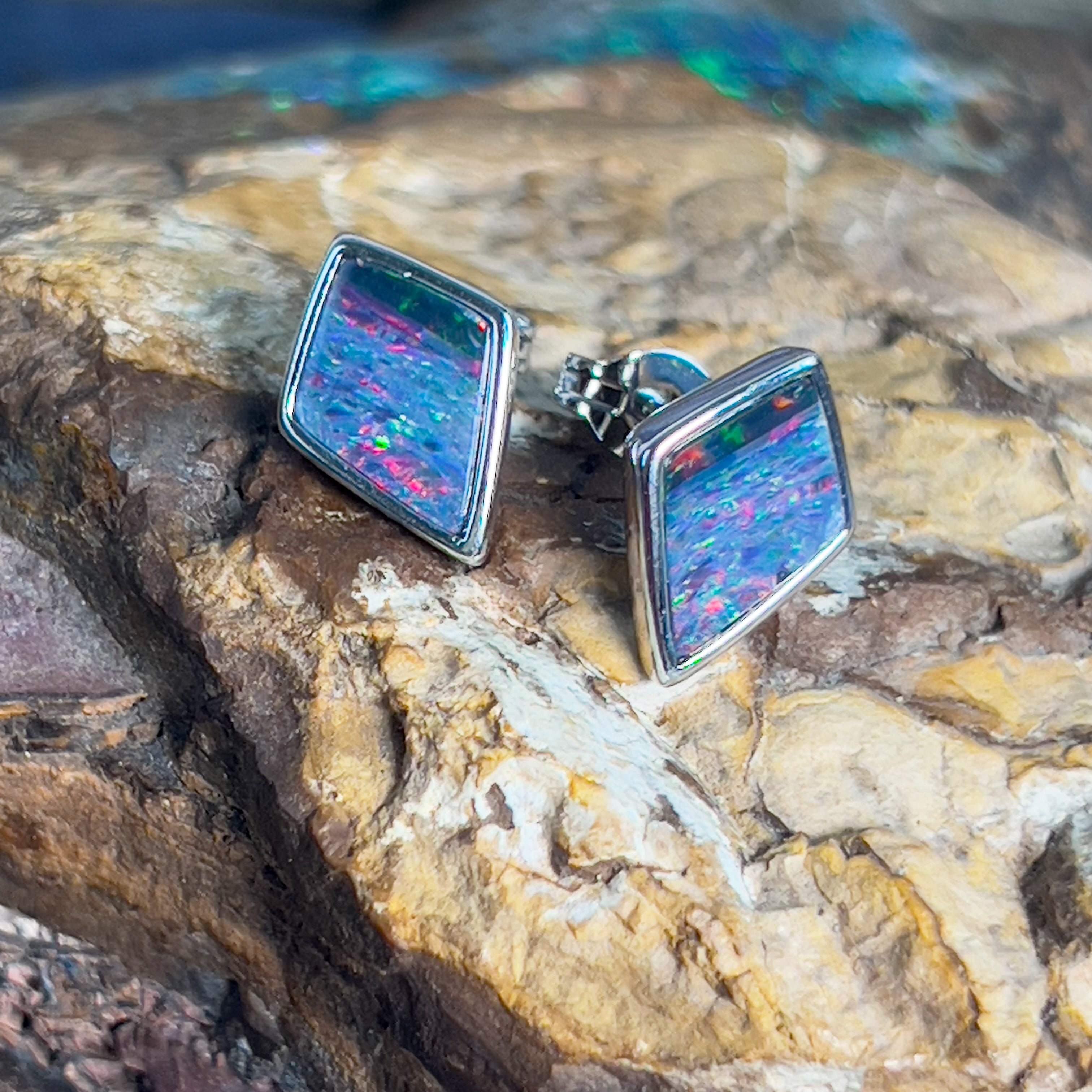 Sterling Silver diamond shape Opal doublet studs - Masterpiece Jewellery Opal & Gems Sydney Australia | Online Shop