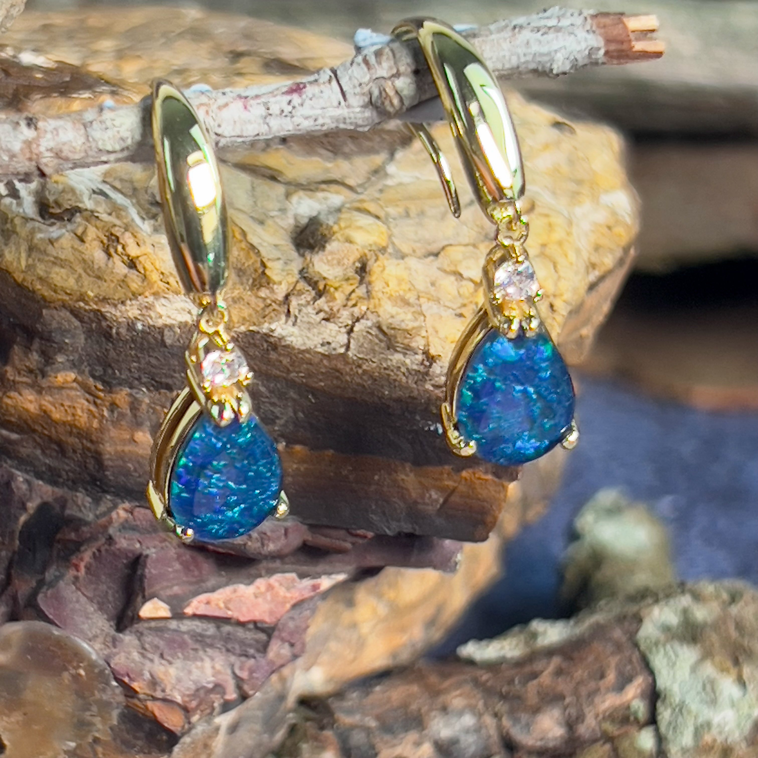 Gold plated Silver 10x7mm Pearshape Opal triplet dangling earrings - Masterpiece Jewellery Opal & Gems Sydney Australia | Online Shop