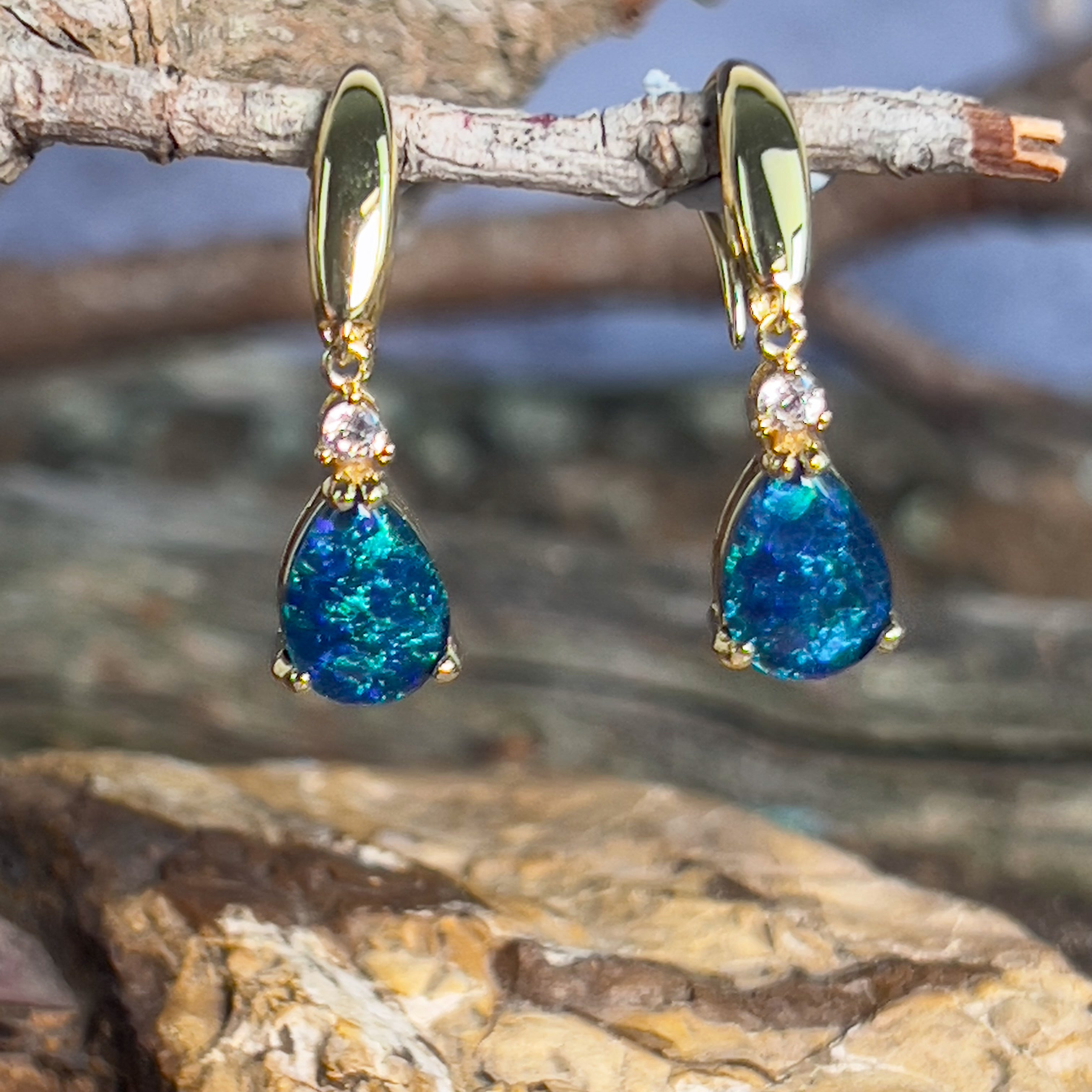 Gold plated Silver 10x7mm Pearshape Opal triplet dangling earrings - Masterpiece Jewellery Opal & Gems Sydney Australia | Online Shop