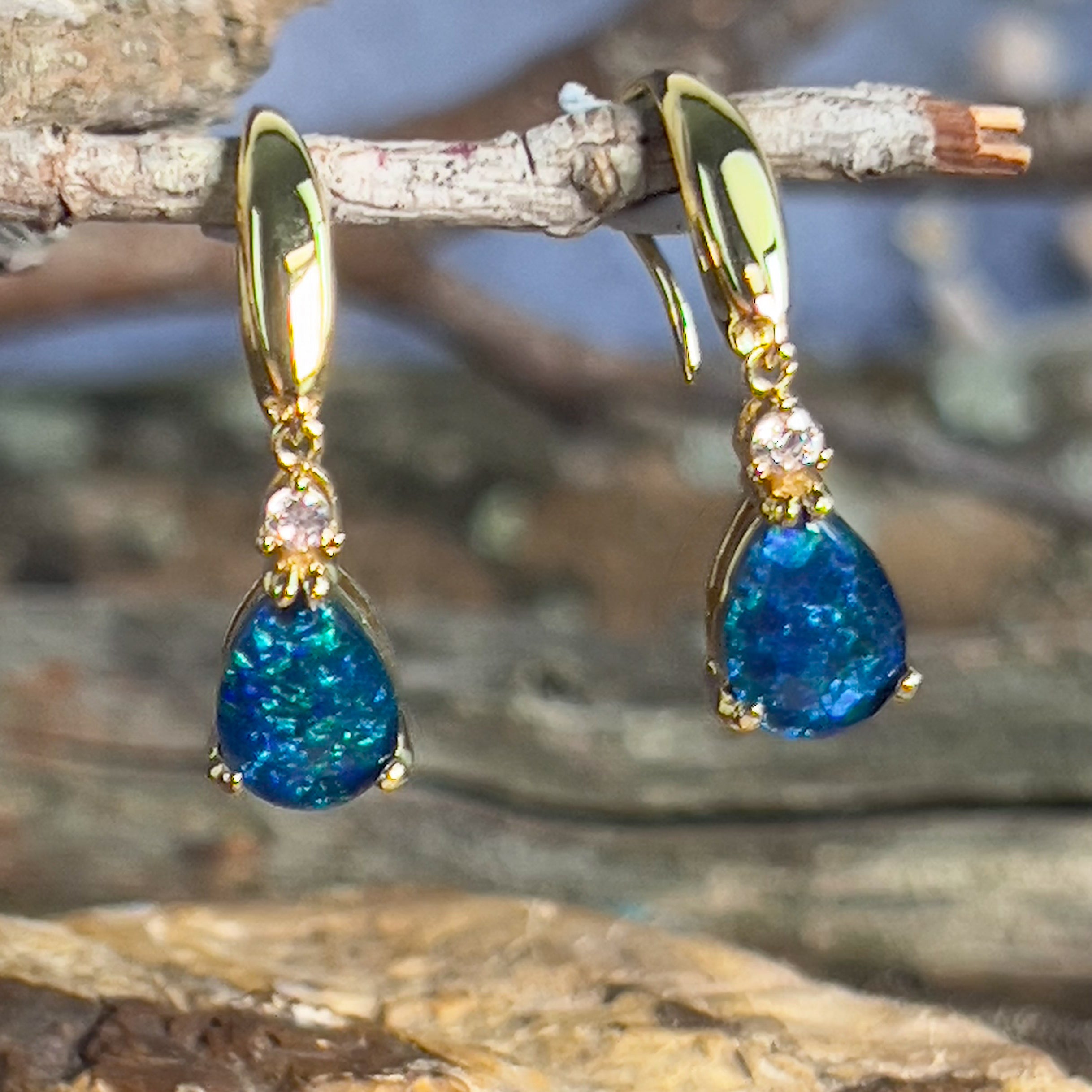 Gold plated Silver 10x7mm Pearshape Opal triplet dangling earrings - Masterpiece Jewellery Opal & Gems Sydney Australia | Online Shop