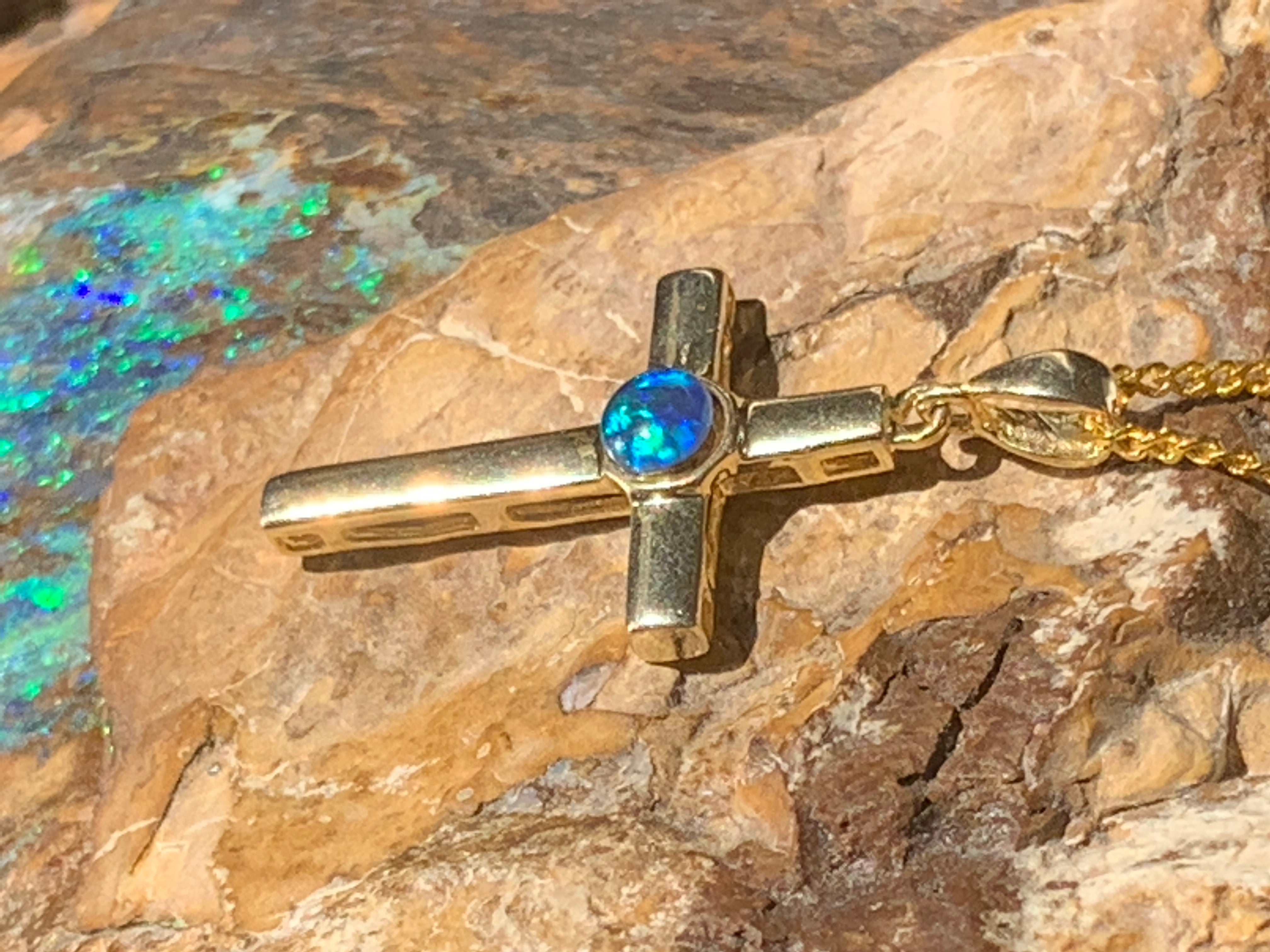 Sterling Silver Gold plated cross with 5mm Opal triplet - Masterpiece Jewellery Opal & Gems Sydney Australia | Online Shop