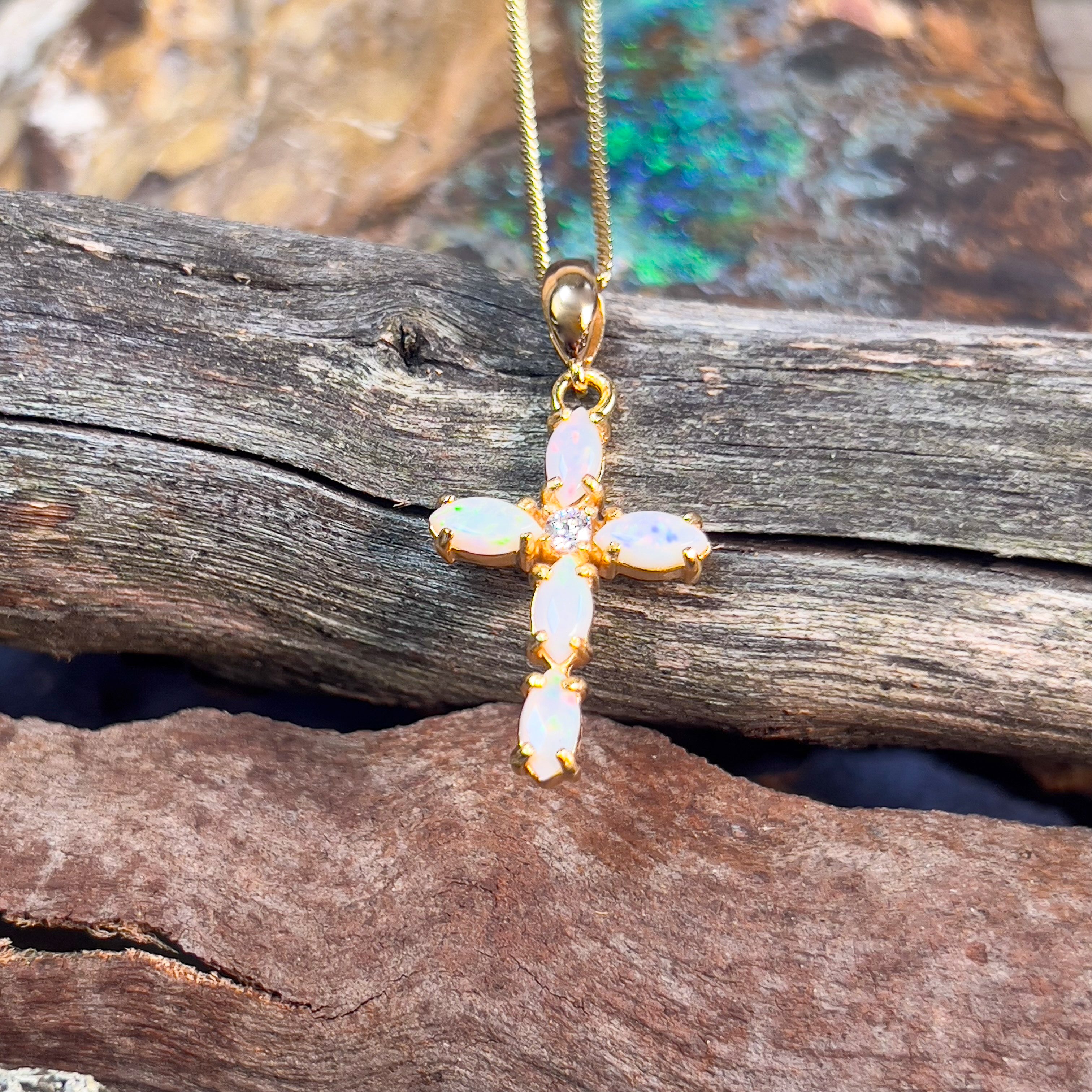 Sterling Silver Gold plated White Opal cross pendant - Masterpiece Jewellery Opal & Gems Sydney Australia | Online Shop