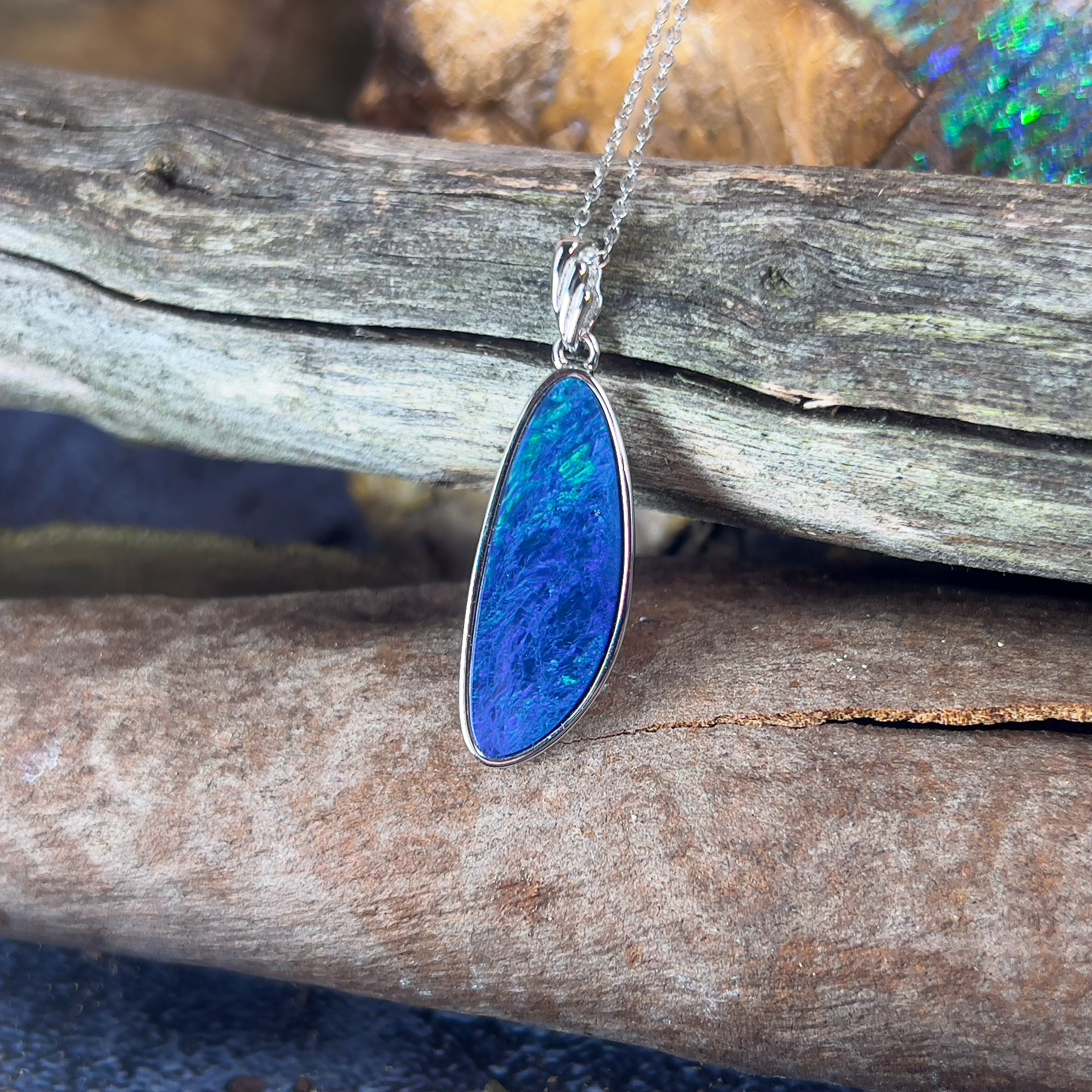 Sterling Silver Blue Green Opal doublet 25x9mm pendant - Masterpiece Jewellery Opal & Gems Sydney Australia | Online Shop