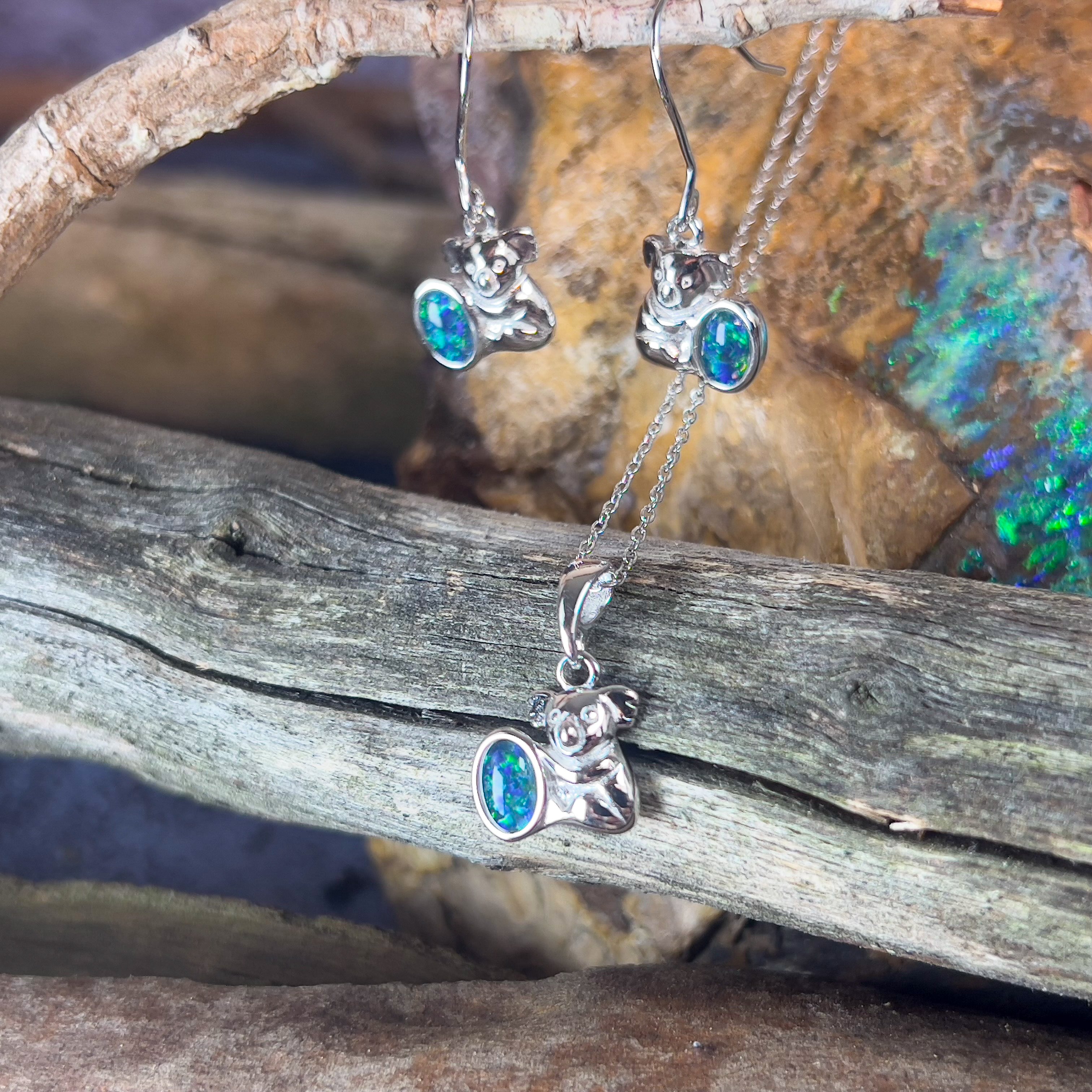 One set of sterling silver Koala with Opal triplets - Masterpiece Jewellery Opal & Gems Sydney Australia | Online Shop