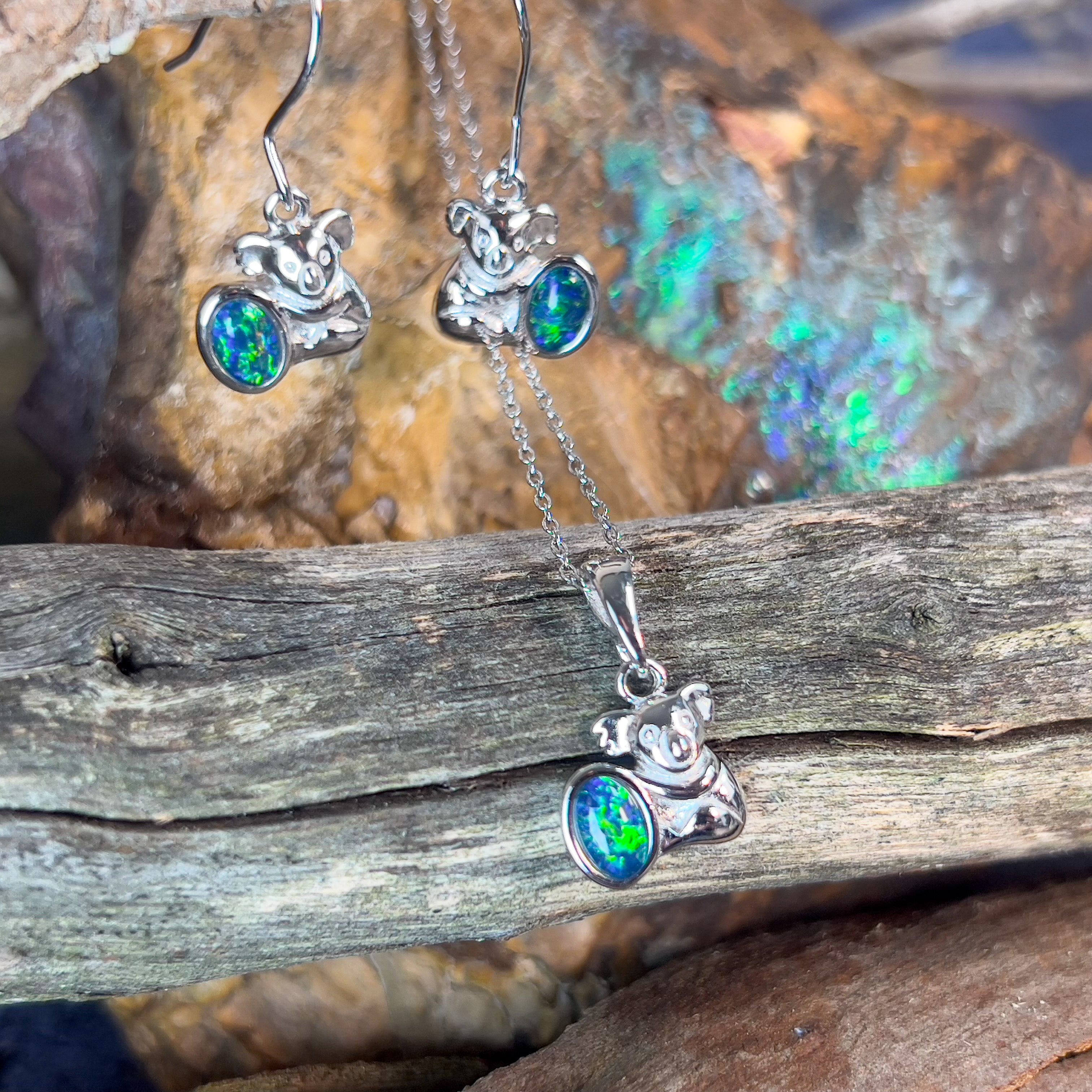 One set of sterling silver Koala with Opal triplets - Masterpiece Jewellery Opal & Gems Sydney Australia | Online Shop