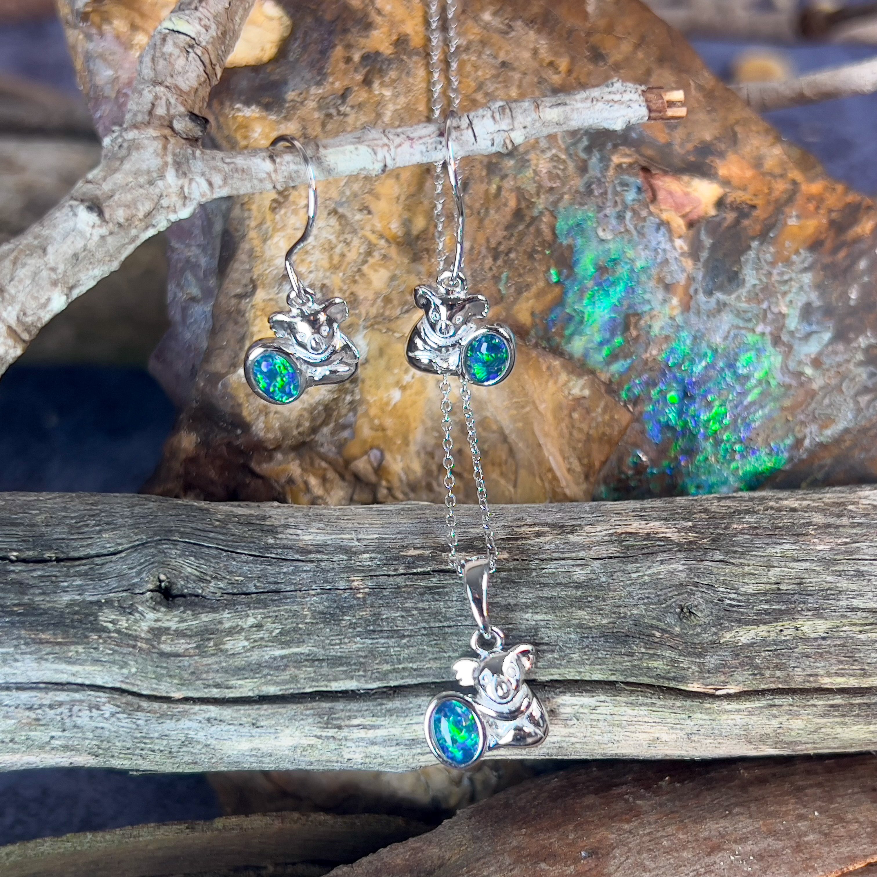 One set of sterling silver Koala with Opal triplets - Masterpiece Jewellery Opal & Gems Sydney Australia | Online Shop