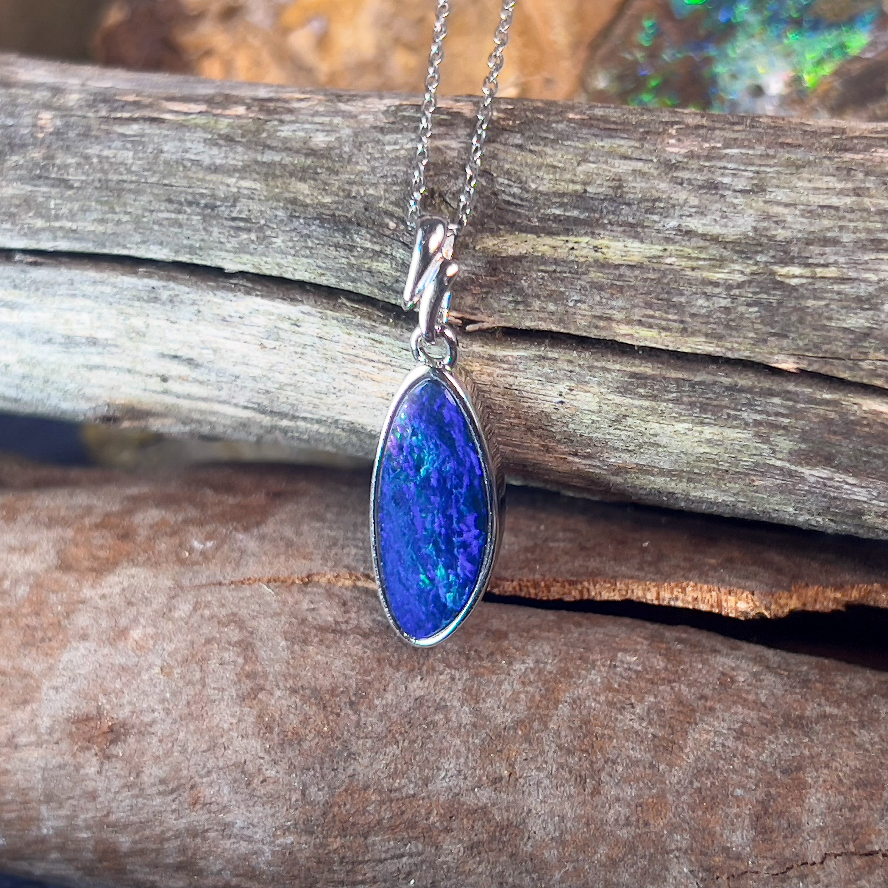 Sterling Silver Blue Opal doublet long pendant - Masterpiece Jewellery Opal & Gems Sydney Australia | Online Shop