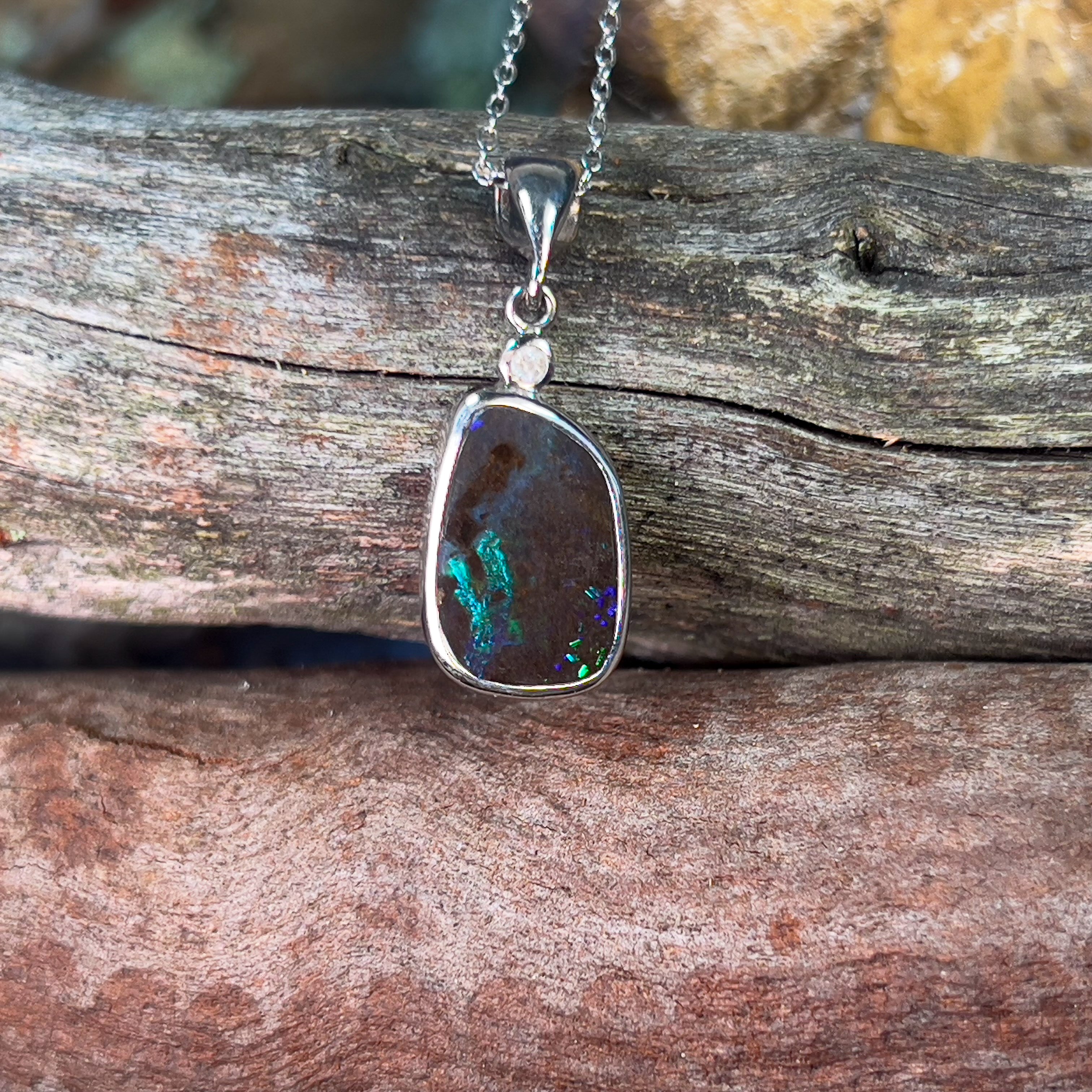 18kt White Gold Boulder Opal 2.58ct and diamond pendant - Masterpiece Jewellery Opal & Gems Sydney Australia | Online Shop