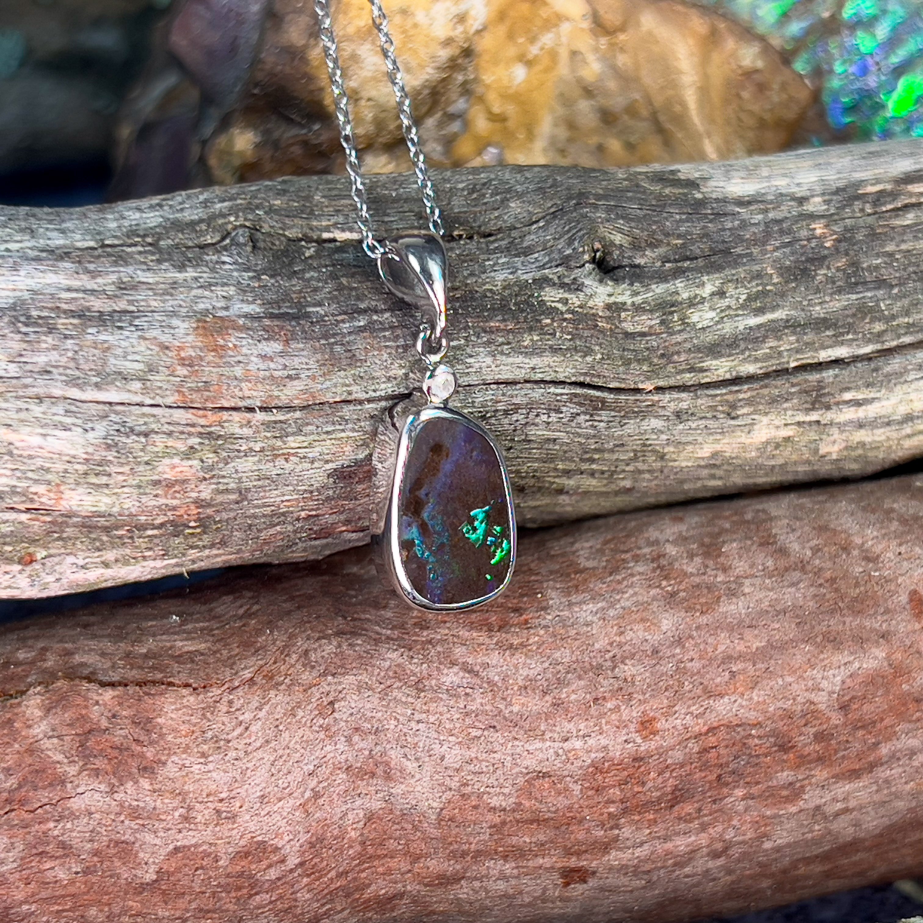 18kt White Gold Boulder Opal 2.58ct and diamond pendant - Masterpiece Jewellery Opal & Gems Sydney Australia | Online Shop