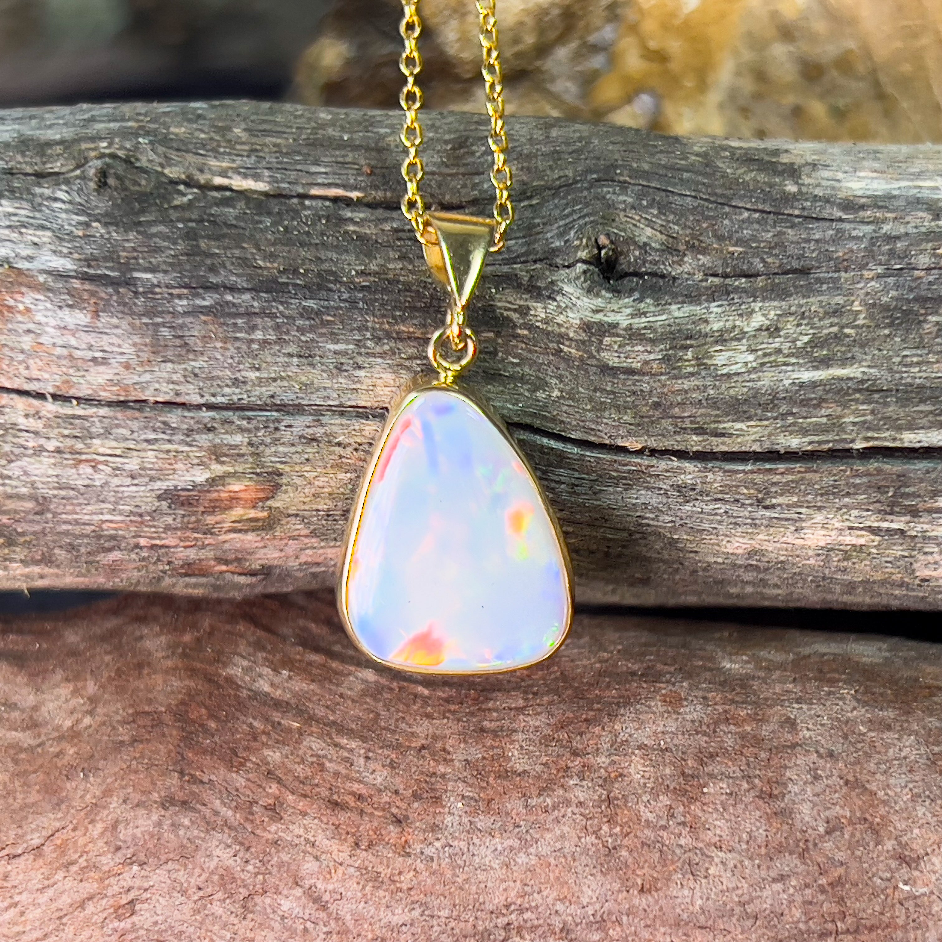 18kt Yellow Gold triangular shape White Opal 2.63ct bezel set pendant - Masterpiece Jewellery Opal & Gems Sydney Australia | Online Shop