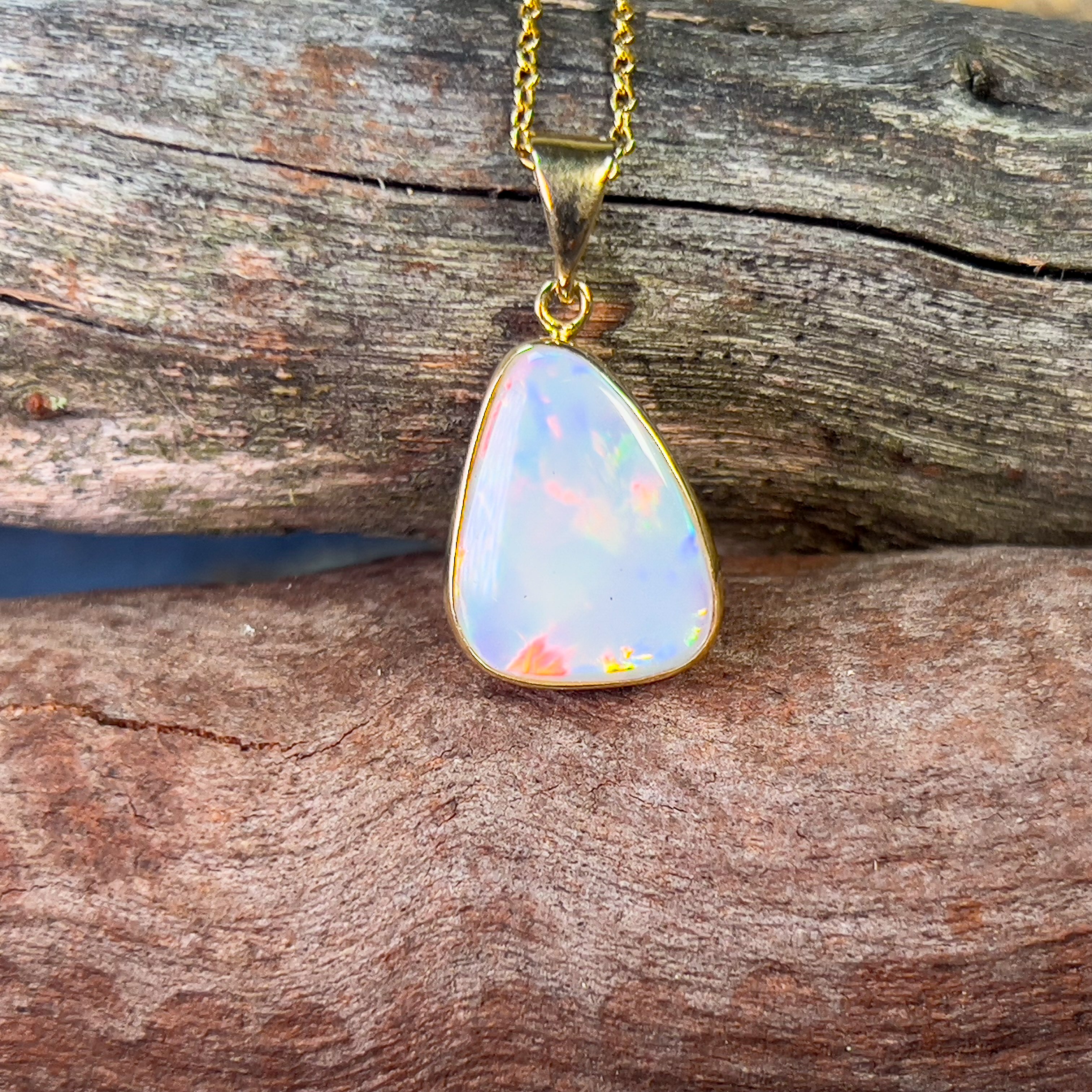 18kt Yellow Gold triangular shape White Opal 2.63ct bezel set pendant - Masterpiece Jewellery Opal & Gems Sydney Australia | Online Shop