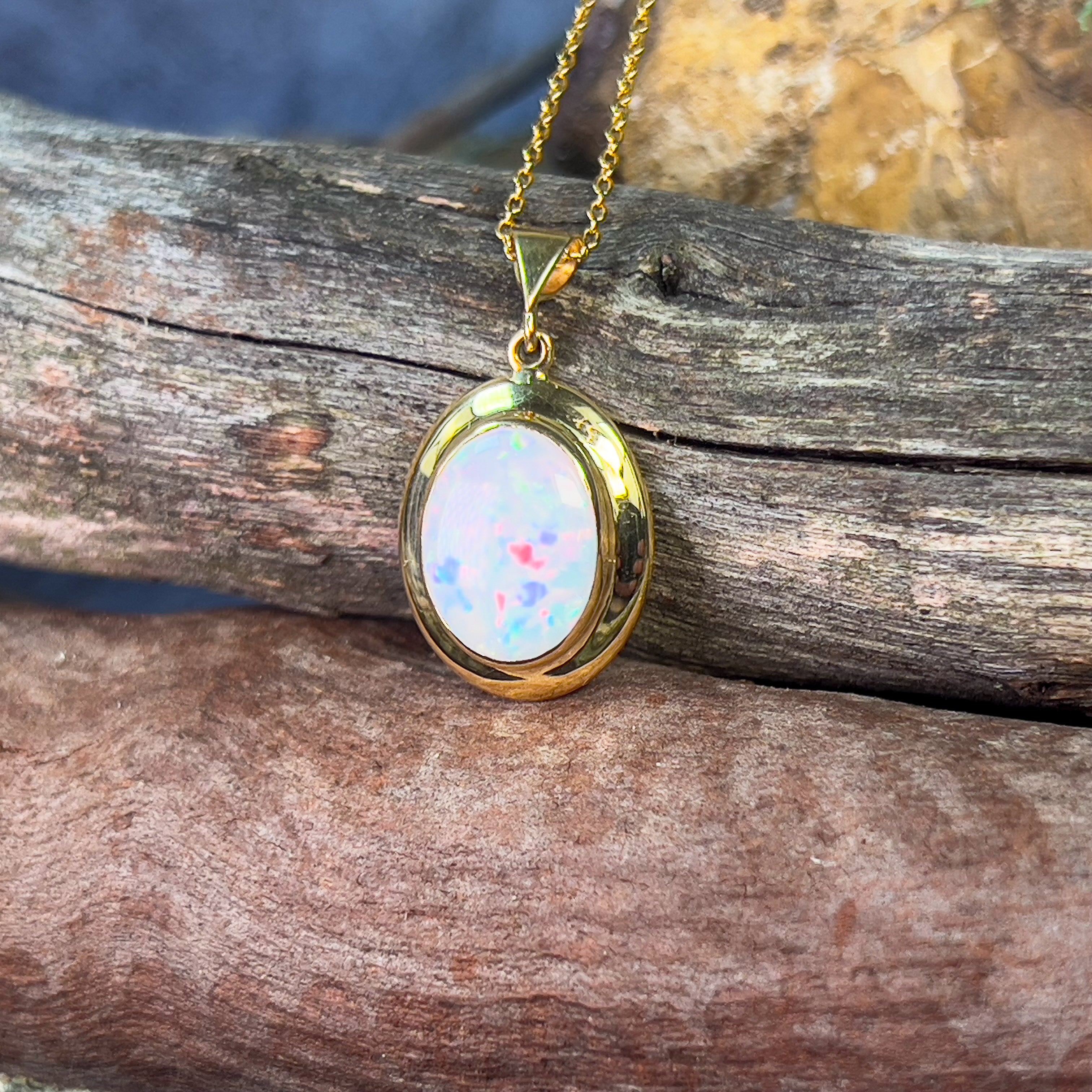 18kt Yellow Gold bezel set oval white opal 2.2ct pendant - Masterpiece Jewellery Opal & Gems Sydney Australia | Online Shop