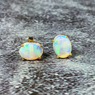 9kt Yellow Gold studs set with two 10x8mm Light Opals claw set 3ct - Masterpiece Jewellery Opal & Gems Sydney Australia | Online Shop