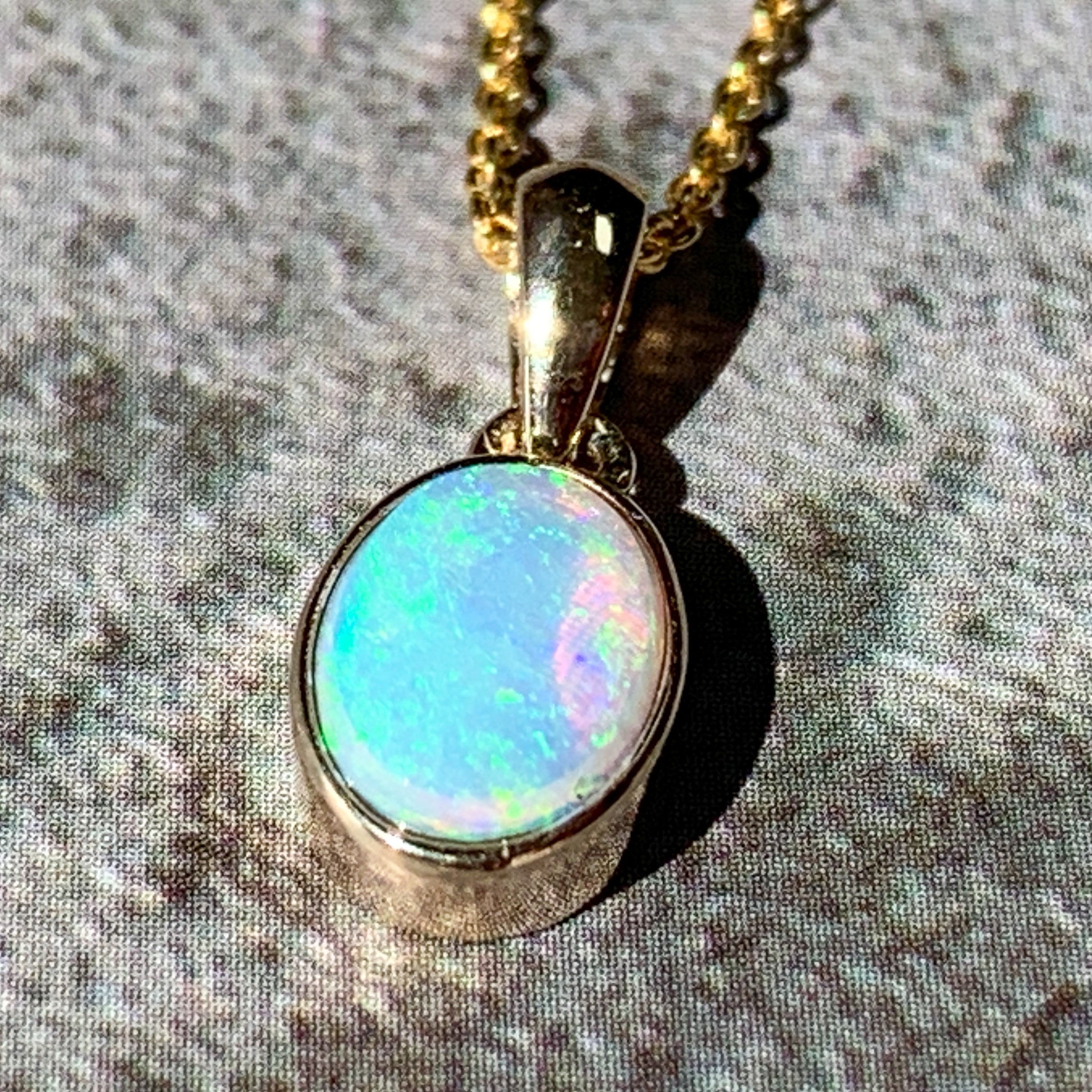 9kt Yellow Gold bezel set 8x6mm Light Opal pendant - Masterpiece Jewellery Opal & Gems Sydney Australia | Online Shop