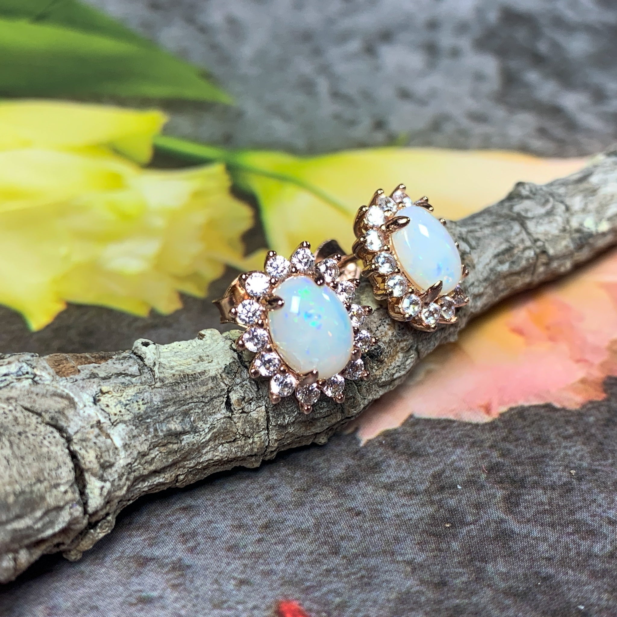 Rose Gold plated White Opal cluster earrings 8x6mm - Masterpiece Jewellery Opal & Gems Sydney Australia | Online Shop