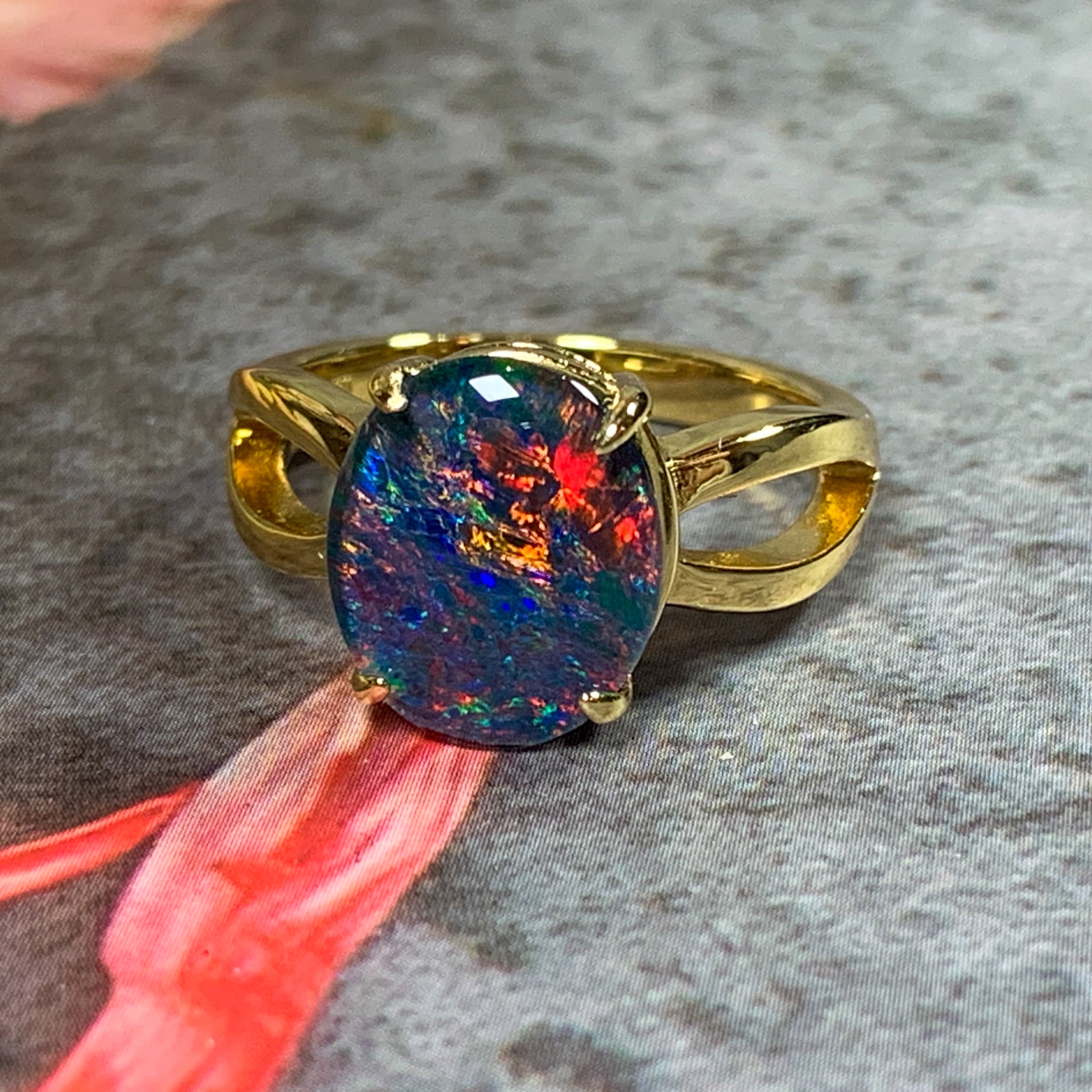 Gold Plated 12x10mm Opal triplet split shank ring - Masterpiece Jewellery Opal & Gems Sydney Australia | Online Shop