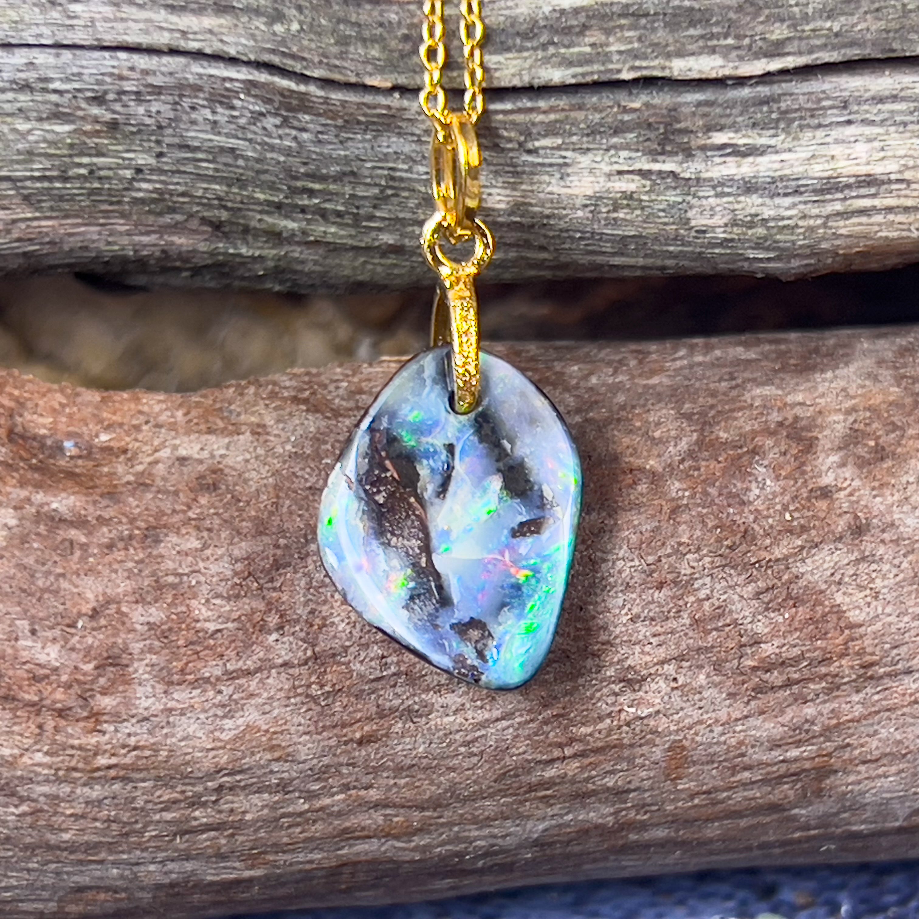 Sterling Silver gold plated Boulder Opal rectangular shape pendant - Masterpiece Jewellery Opal & Gems Sydney Australia | Online Shop