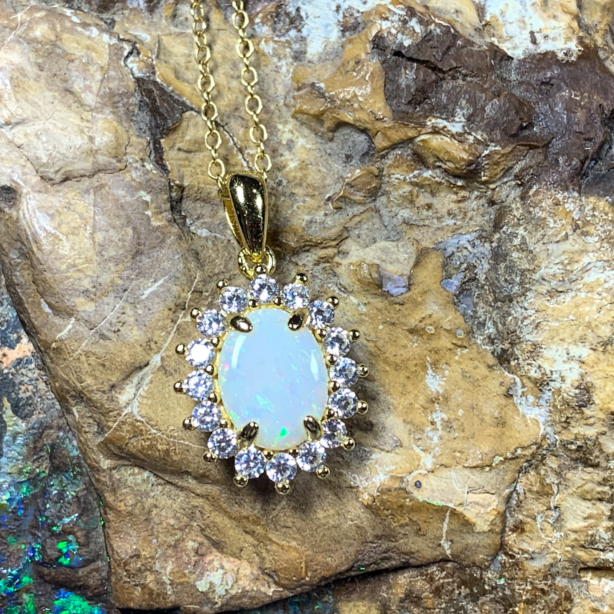 Gold Plated Silver 9x7mm White Opal pendant Necklace - Masterpiece Jewellery Opal & Gems Sydney Australia | Online Shop