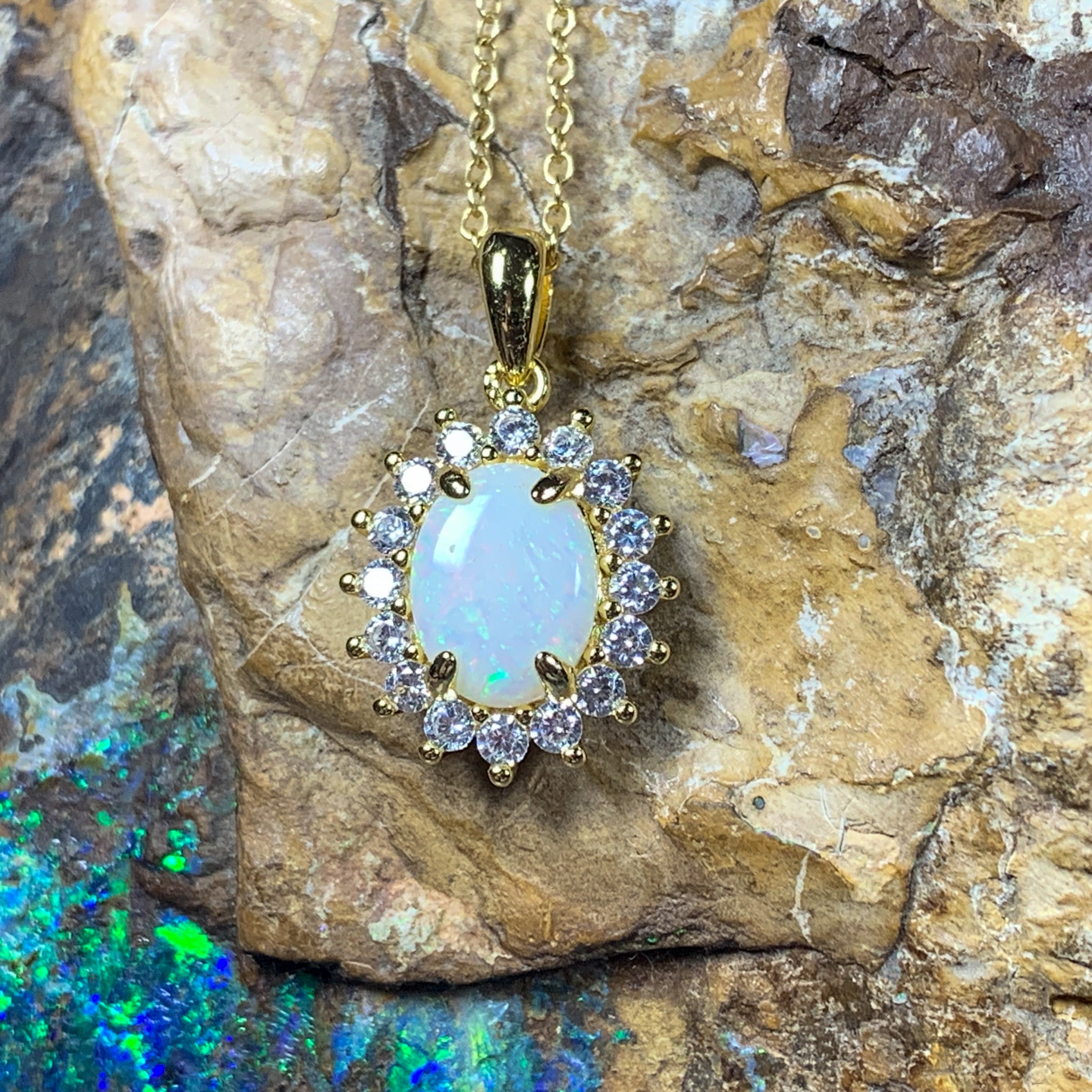 Gold Plated Silver 9x7mm White Opal pendant Necklace - Masterpiece Jewellery Opal & Gems Sydney Australia | Online Shop