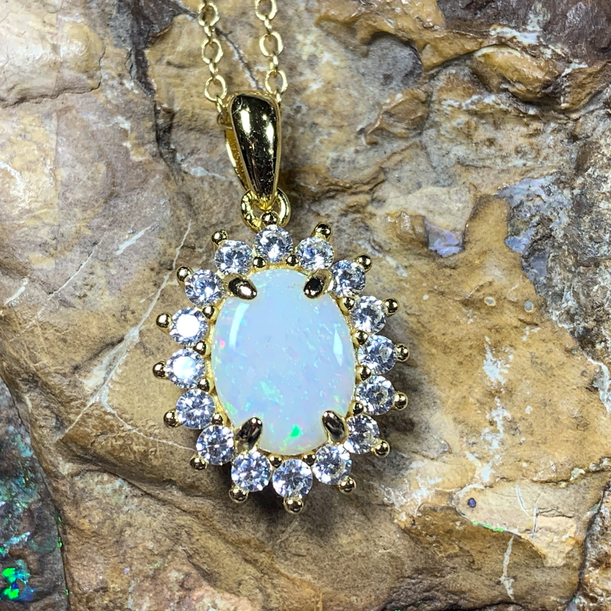 Gold Plated Silver 9x7mm White Opal pendant Necklace - Masterpiece Jewellery Opal & Gems Sydney Australia | Online Shop