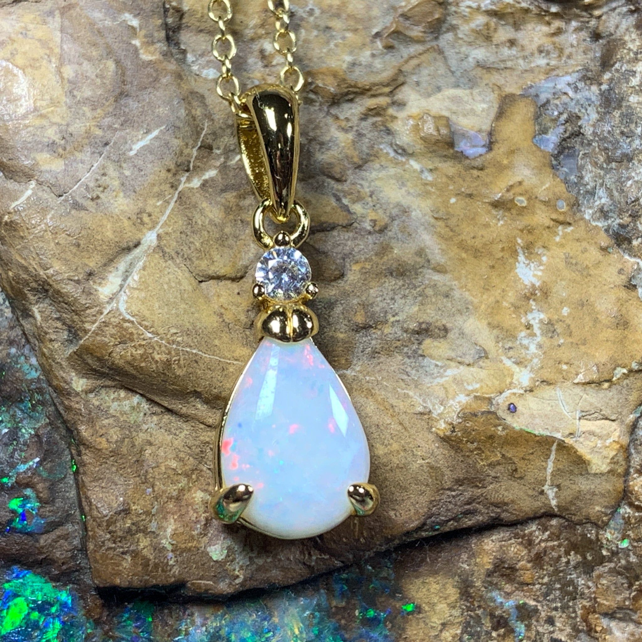 Gold Plated Sterling Silver 10x7mm Pear shape White Opal pendant - Masterpiece Jewellery Opal & Gems Sydney Australia | Online Shop