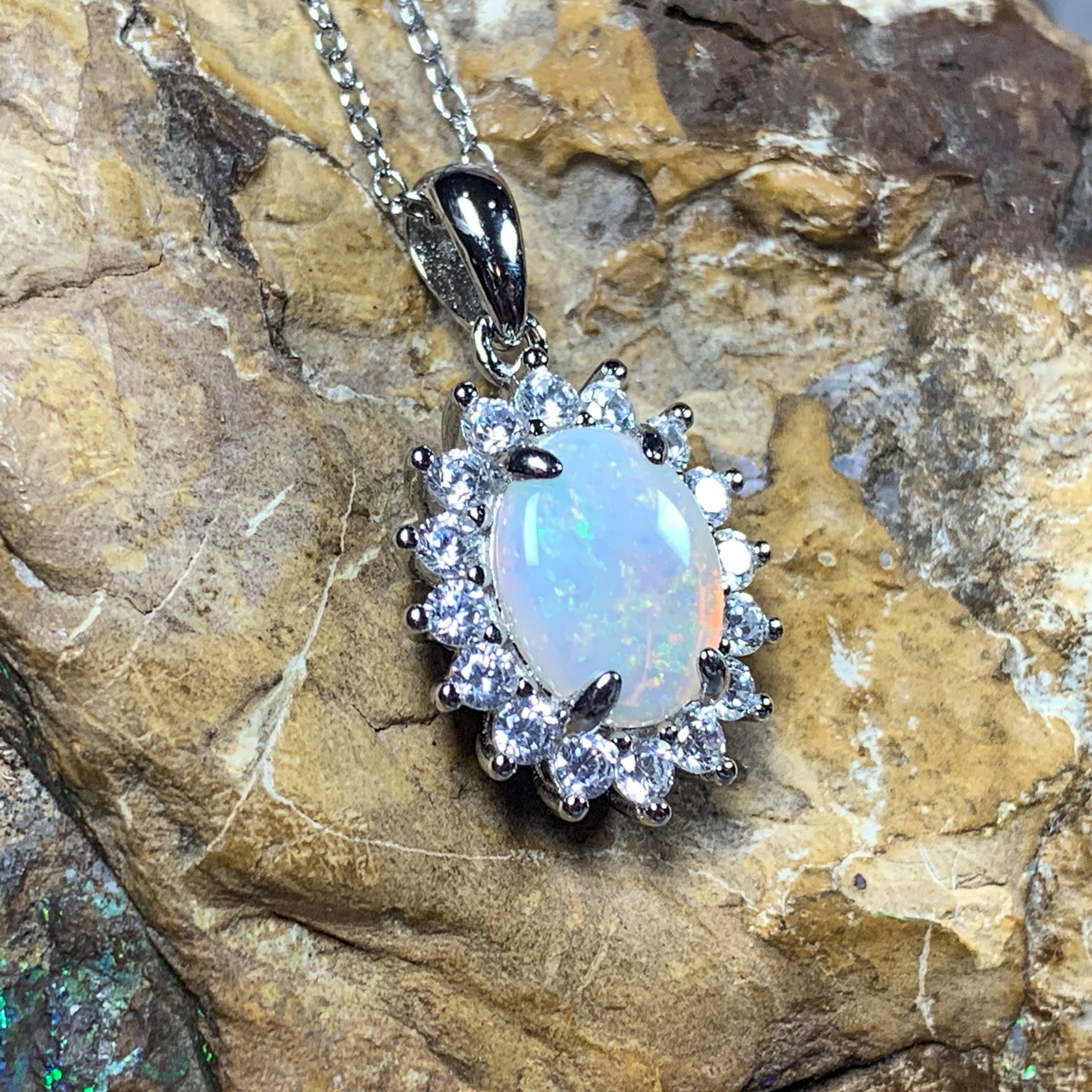 Sterling Silver 9x7mm White Opal pendant Necklace in cluster setting - Masterpiece Jewellery Opal & Gems Sydney Australia | Online Shop