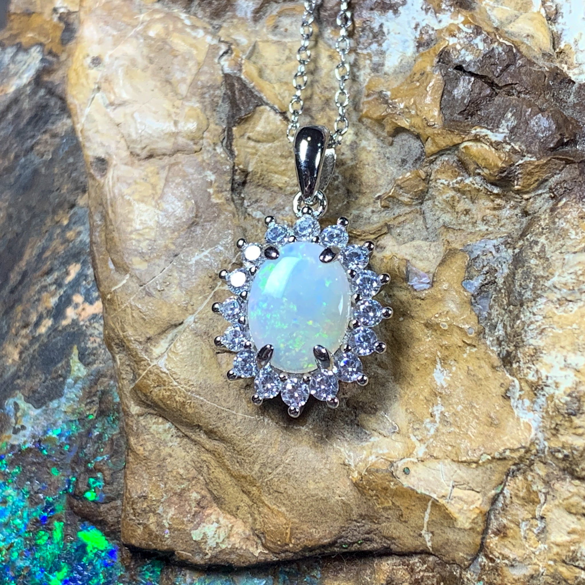 Sterling Silver 9x7mm White Opal pendant Necklace in cluster setting - Masterpiece Jewellery Opal & Gems Sydney Australia | Online Shop