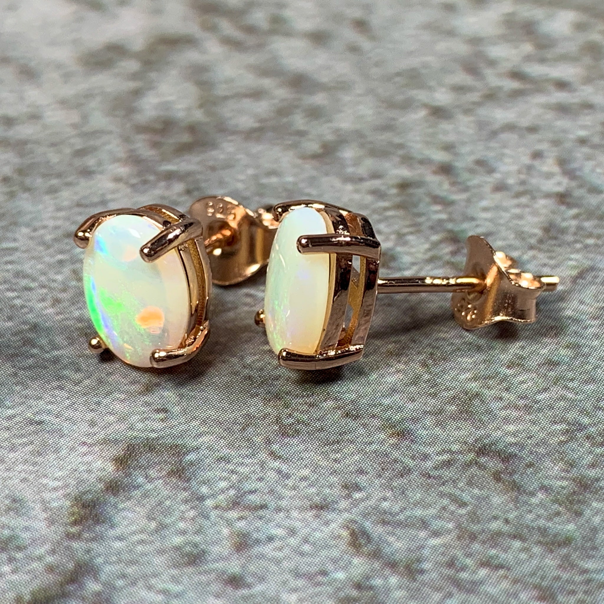 Pair of Rose Gold plated silver 8x6mm White Opal studs - Masterpiece Jewellery Opal & Gems Sydney Australia | Online Shop