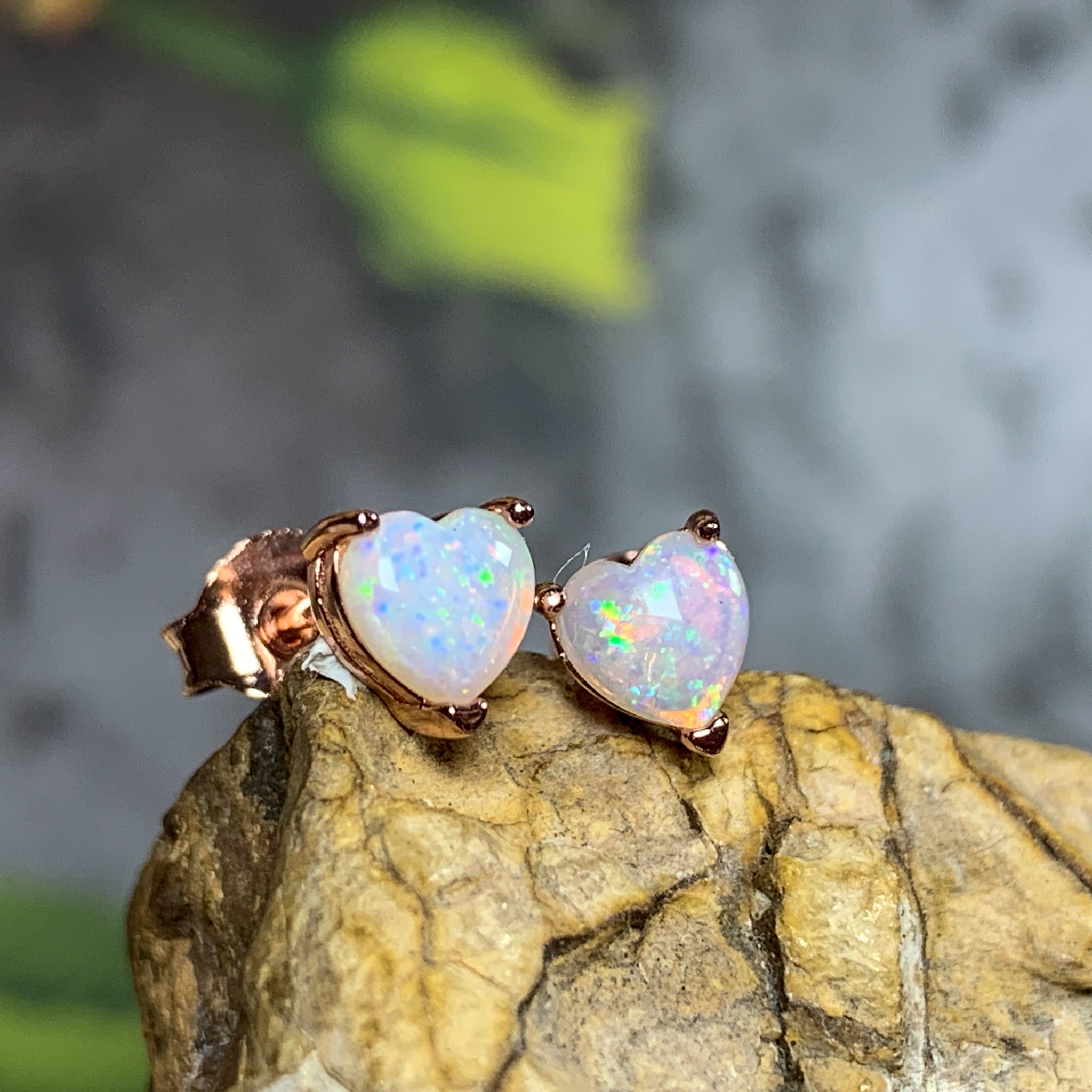 Rose Gold plated silver 5mm heart shape White Opal studs - Masterpiece Jewellery Opal & Gems Sydney Australia | Online Shop