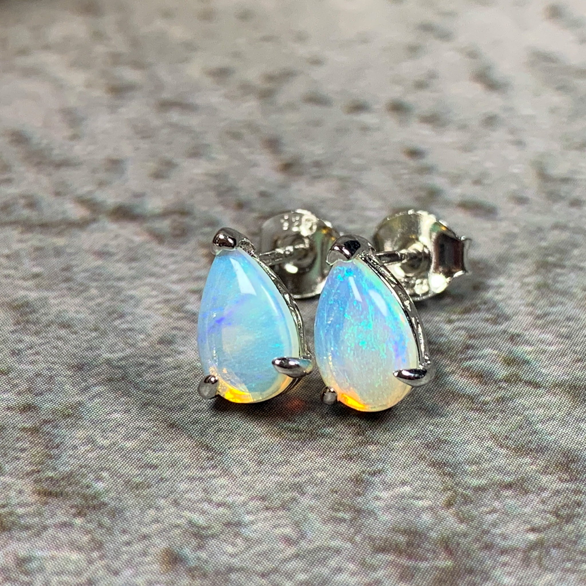 Sterling Silver 8x5mm Pearshape White Opal studs - Masterpiece Jewellery Opal & Gems Sydney Australia | Online Shop