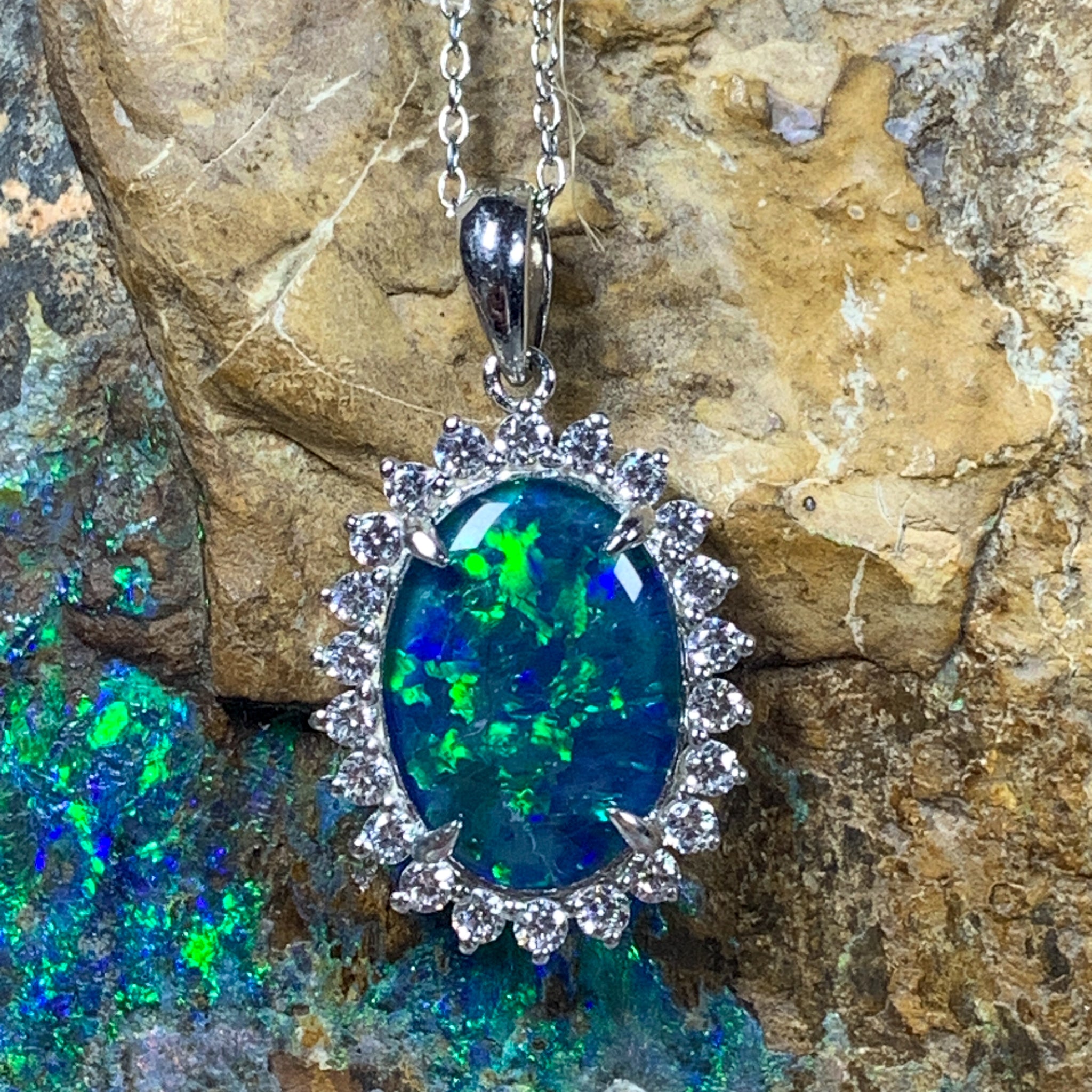 Sterling Silver Opal Necklace with 14x10mm triplet cluster design pendant - Masterpiece Jewellery Opal & Gems Sydney Australia | Online Shop