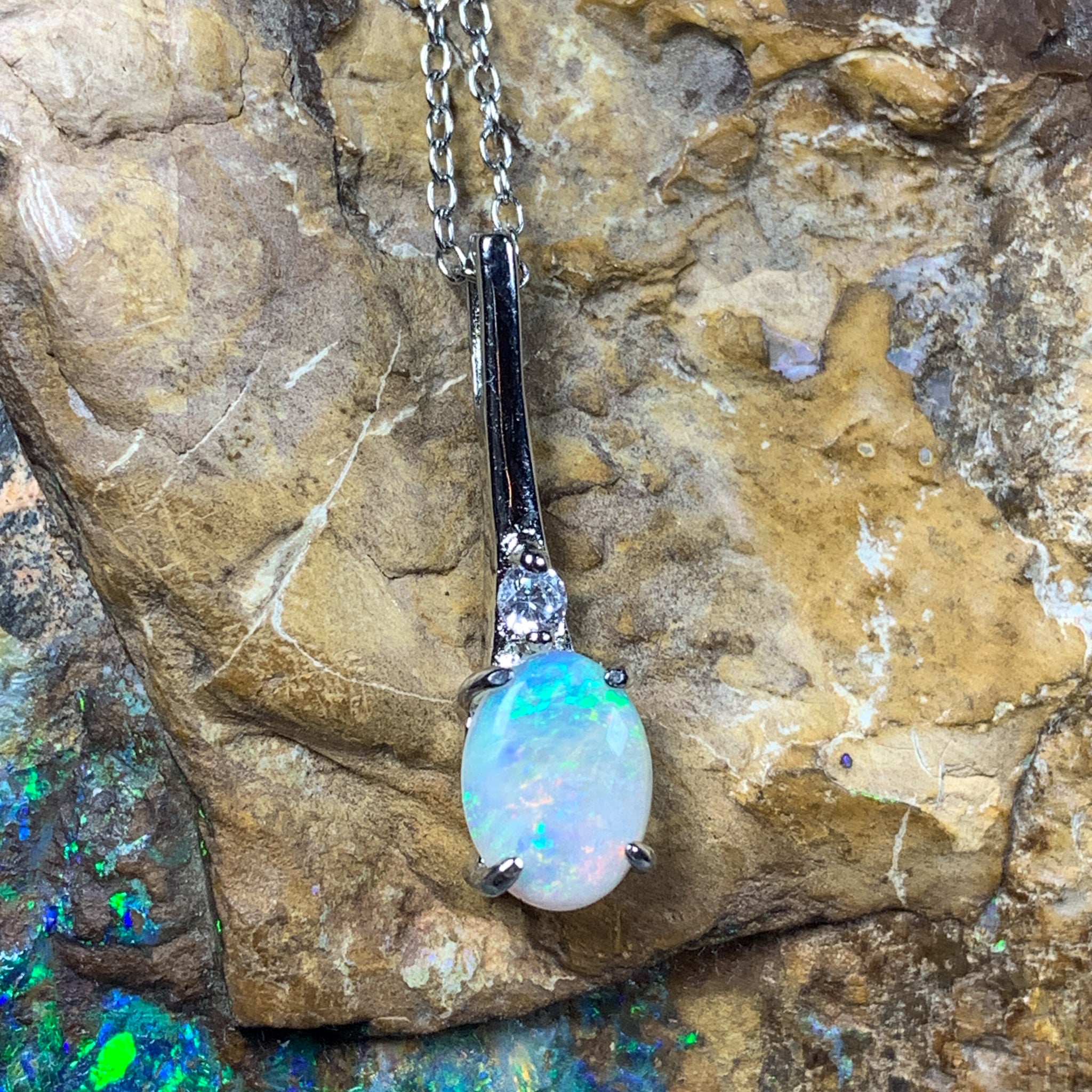 Sterling Silver drop pendant 8x6mm White Opal Necklace - Masterpiece Jewellery Opal & Gems Sydney Australia | Online Shop