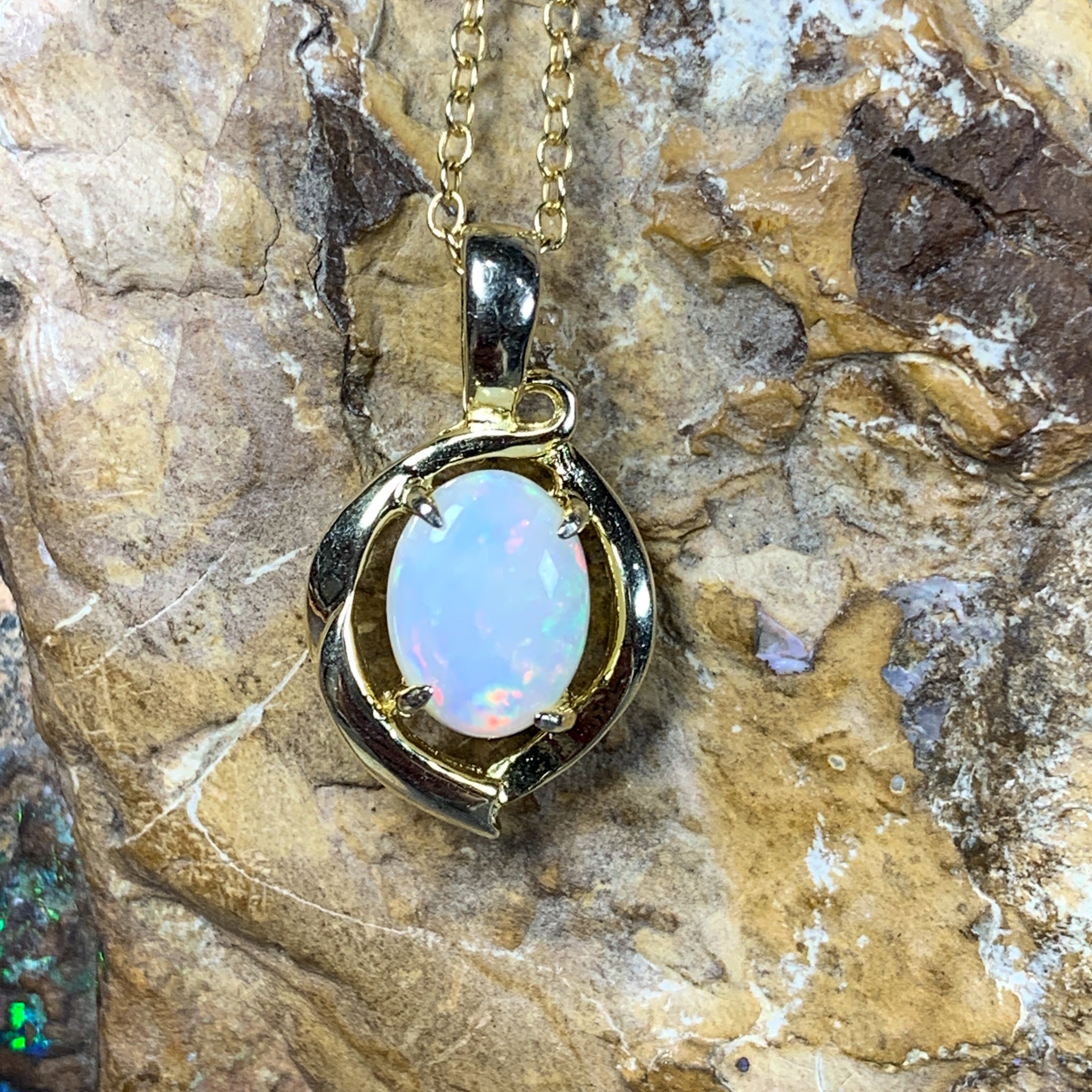 Gold Plated 8x6mm Sterling Silver White Opal pendant Necklace - Masterpiece Jewellery Opal & Gems Sydney Australia | Online Shop