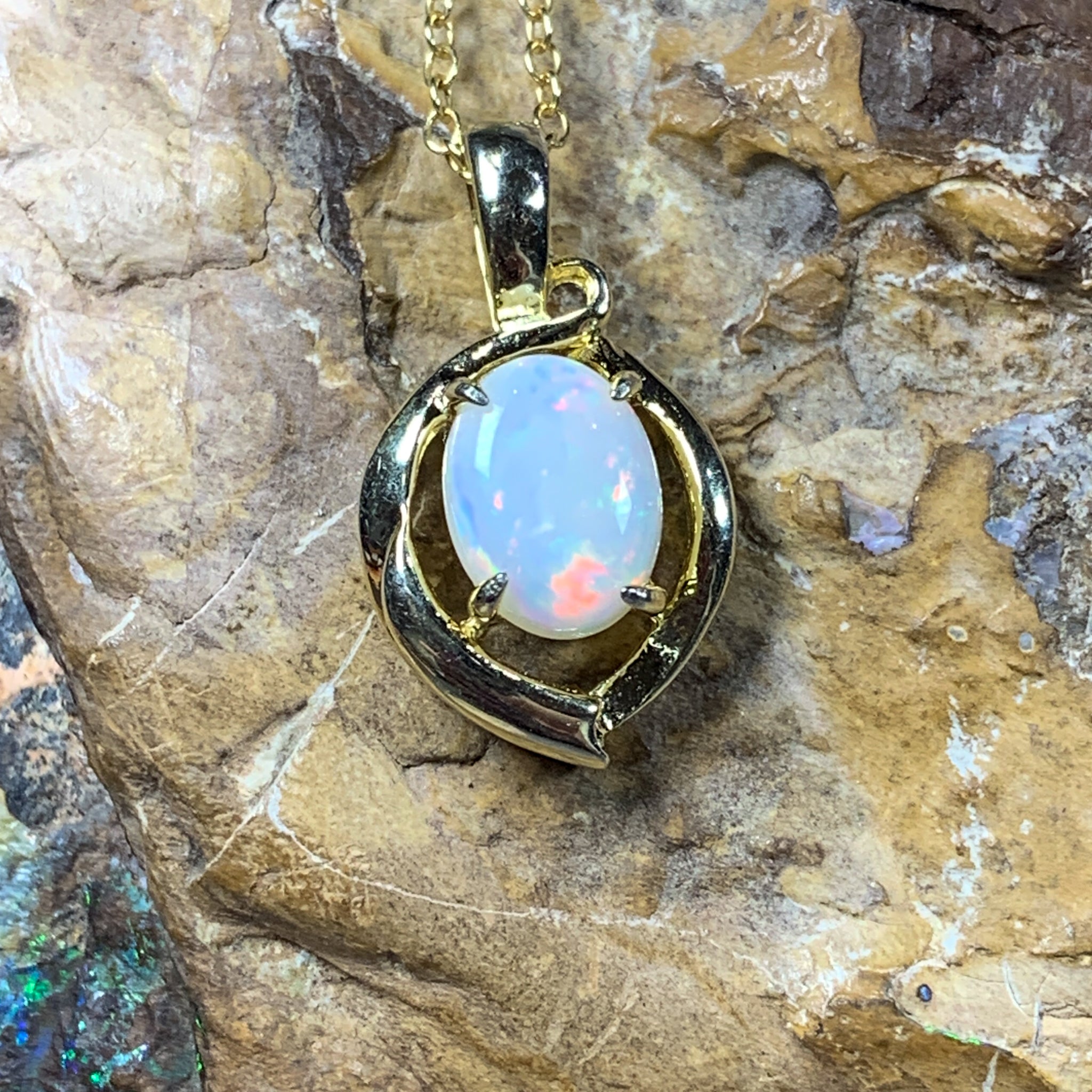 Gold Plated 8x6mm Sterling Silver White Opal pendant Necklace - Masterpiece Jewellery Opal & Gems Sydney Australia | Online Shop