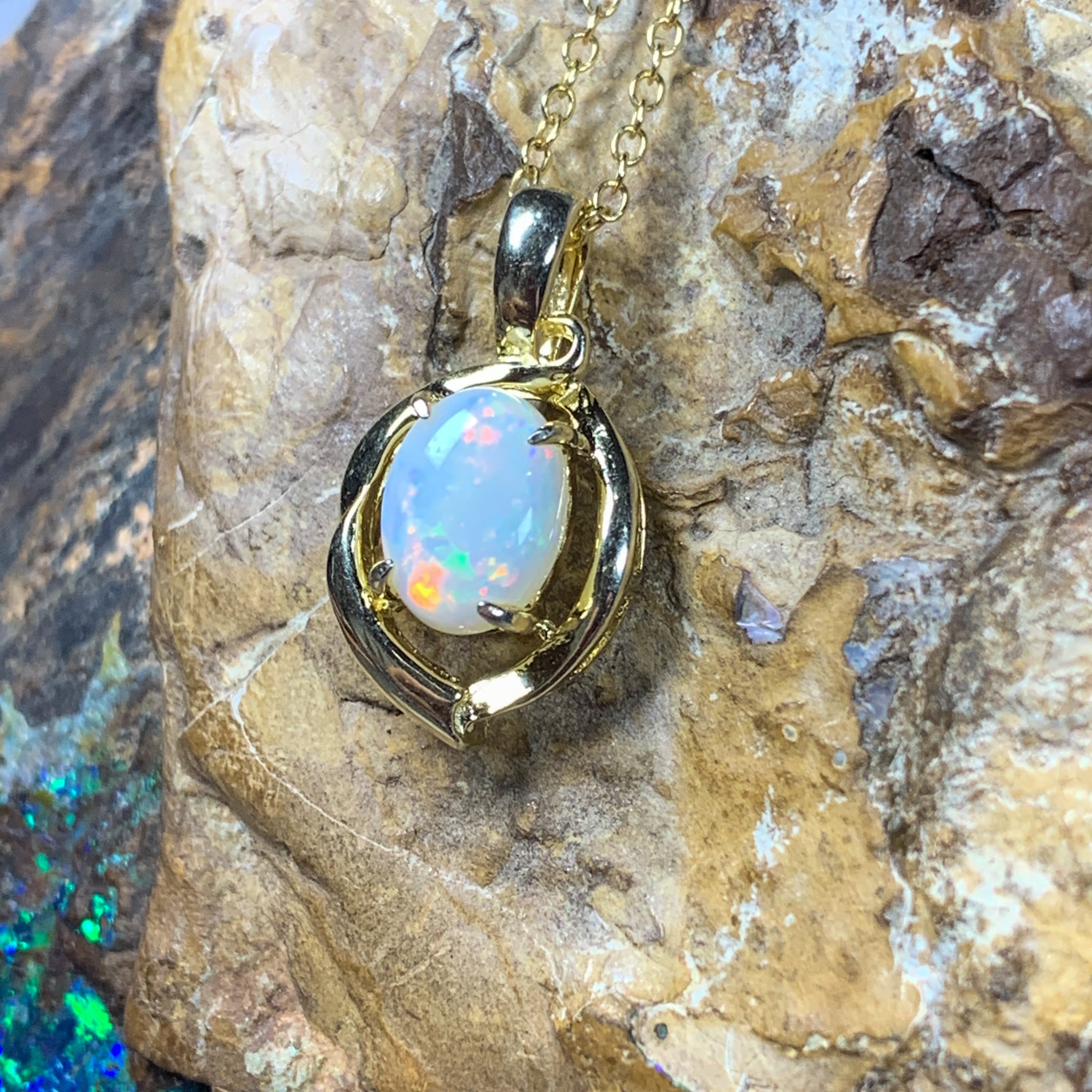 Gold Plated 8x6mm Sterling Silver White Opal pendant Necklace - Masterpiece Jewellery Opal & Gems Sydney Australia | Online Shop