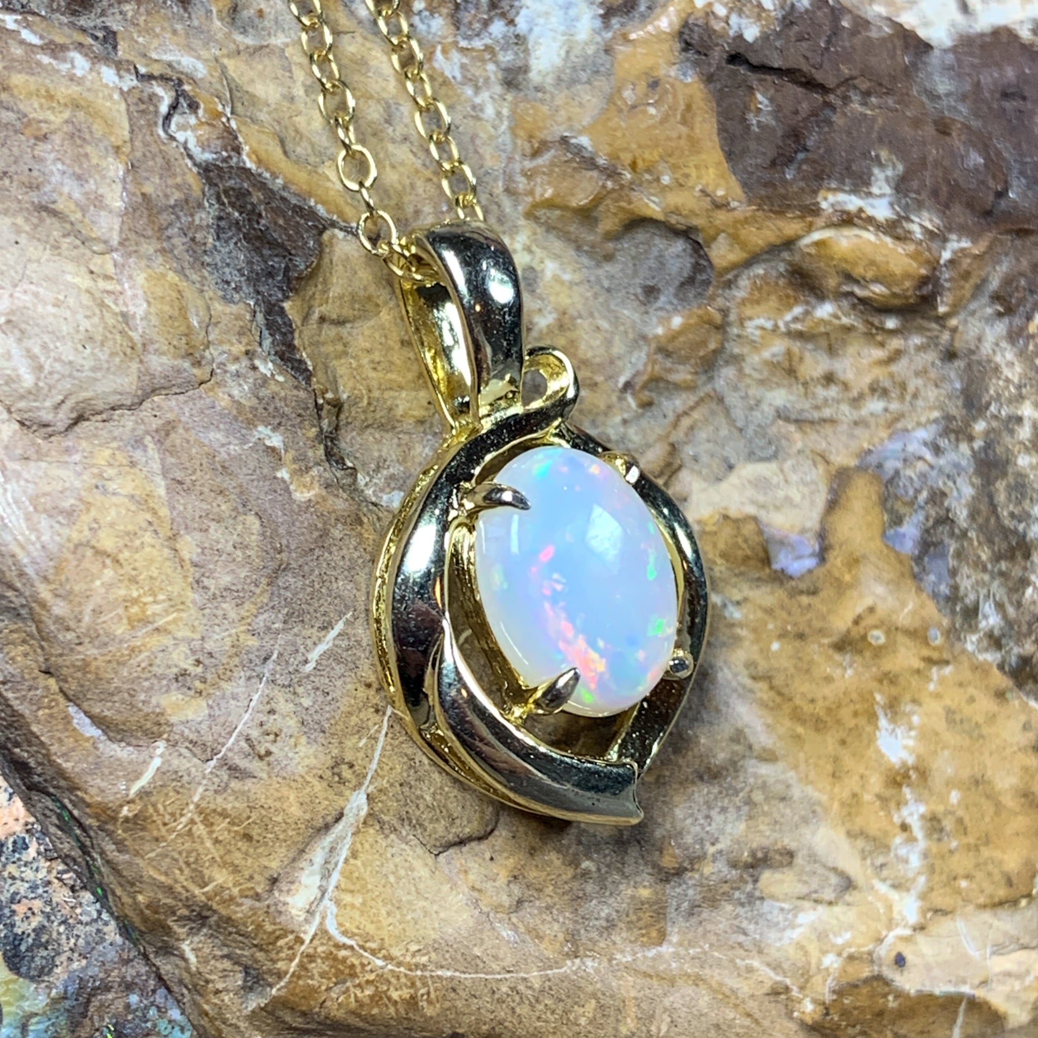 Gold Plated 8x6mm Sterling Silver White Opal pendant Necklace - Masterpiece Jewellery Opal & Gems Sydney Australia | Online Shop