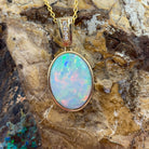 14kt Yellow Gold bezel set Oval Light Opal and diamond pendant - Masterpiece Jewellery Opal & Gems Sydney Australia | Online Shop