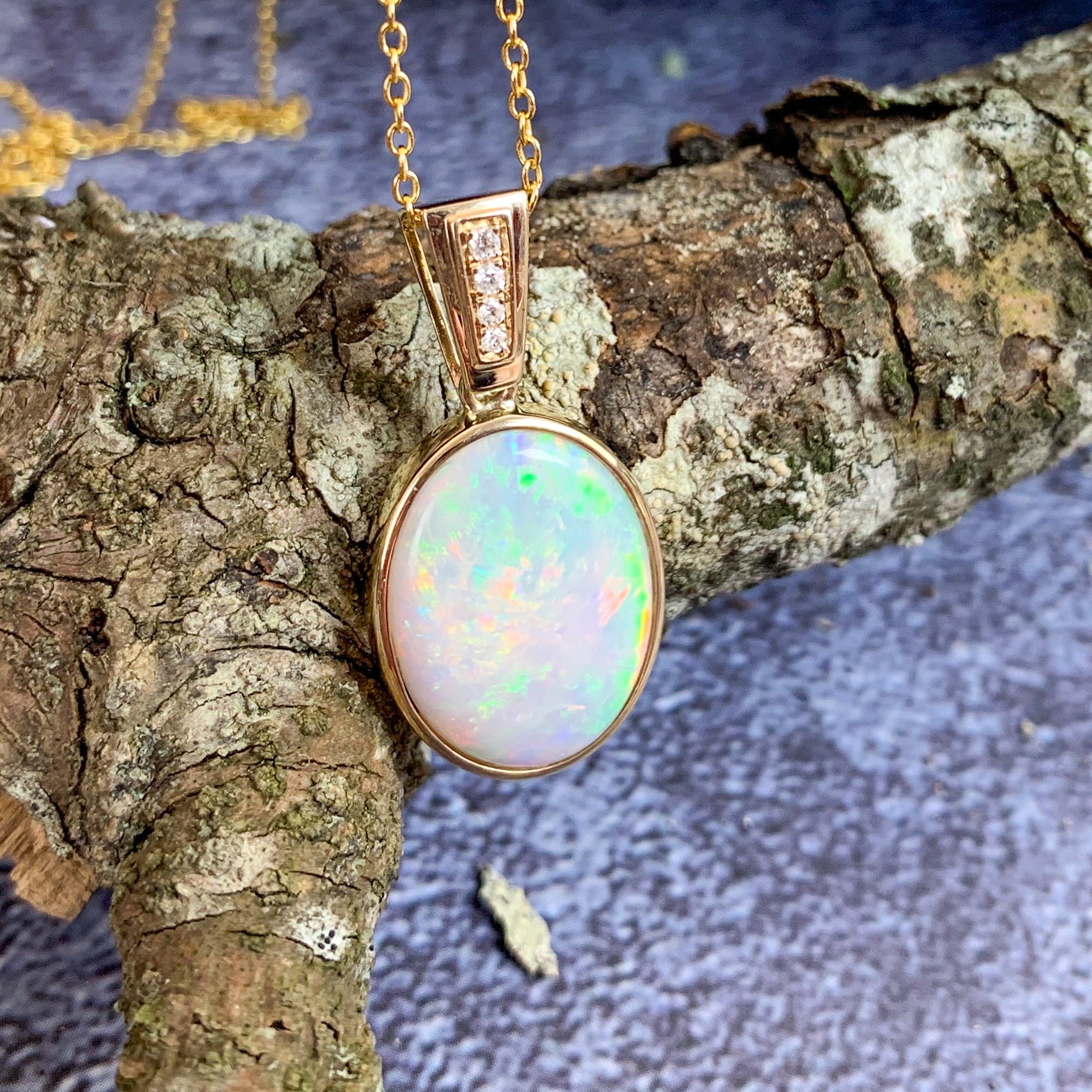 14kt Yellow Gold bezel set Oval Light Opal and diamond pendant - Masterpiece Jewellery Opal & Gems Sydney Australia | Online Shop