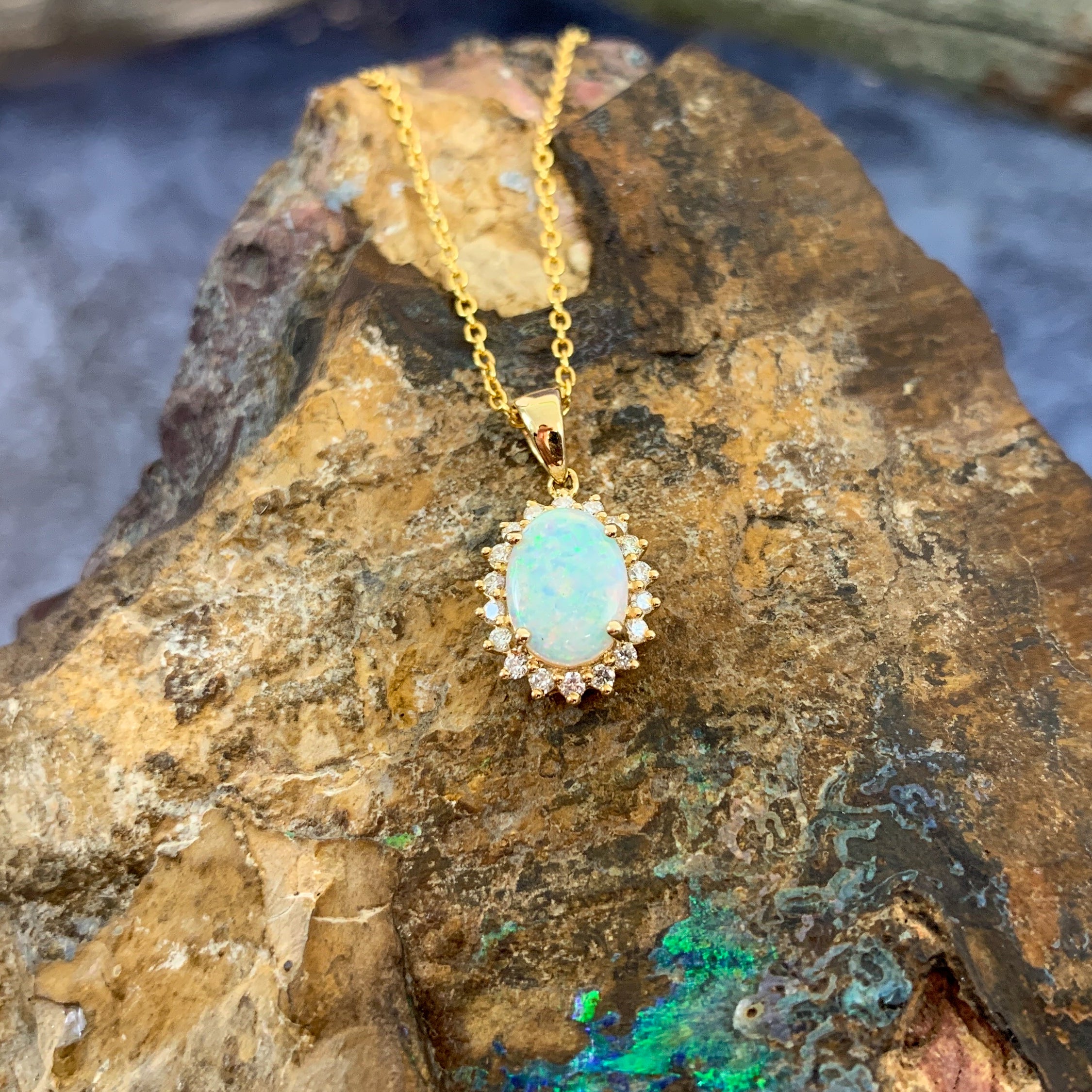 14kt Yellow Gold cluster pendant Opal and diamonds - Masterpiece Jewellery Opal & Gems Sydney Australia | Online Shop