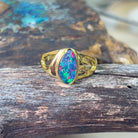 Gold plated Sterling Silver shaped cut out pattern opal doublet ring - Masterpiece Jewellery Opal & Gems Sydney Australia | Online Shop