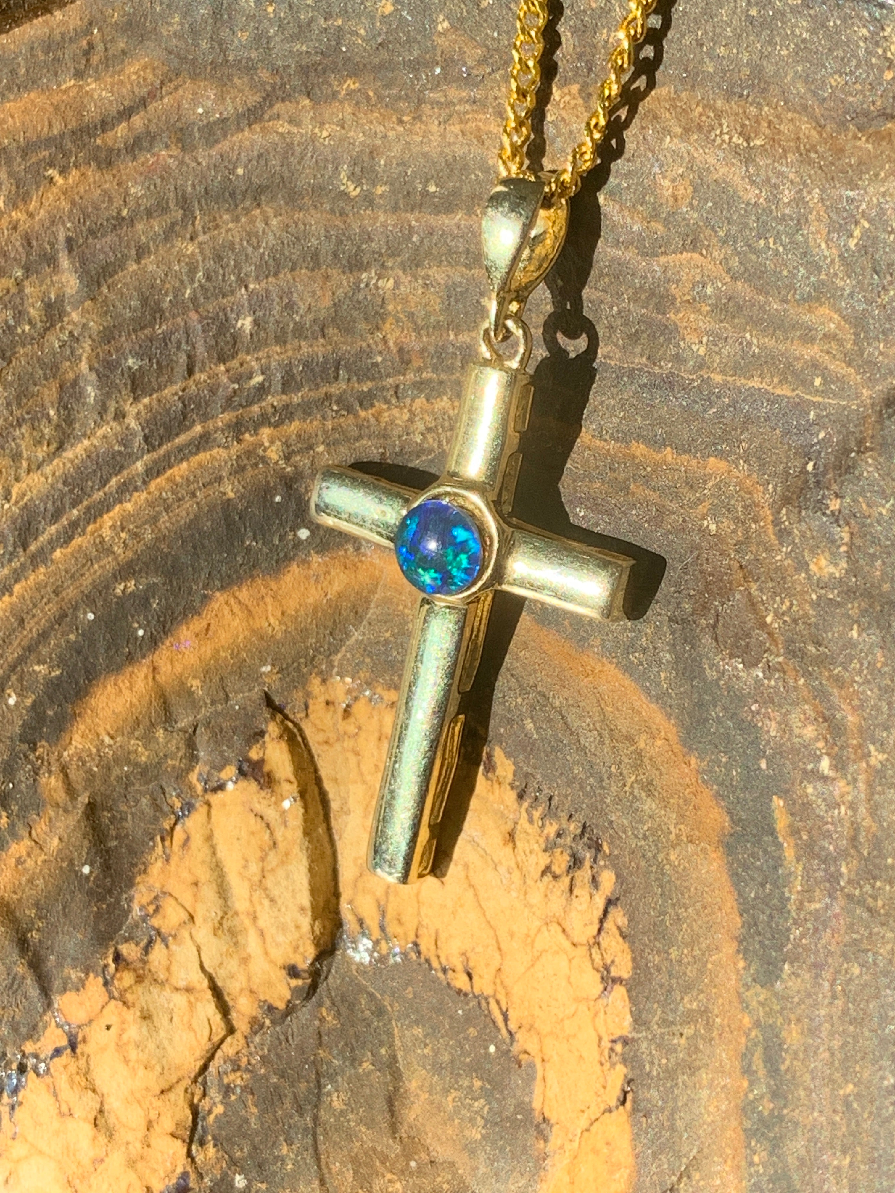 Sterling Silver Gold plated cross with 5mm Opal triplet - Masterpiece Jewellery Opal & Gems Sydney Australia | Online Shop