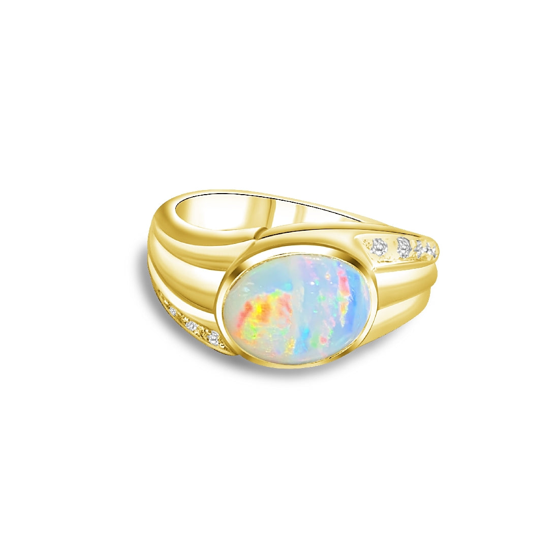 18kt Yellow Gold Multi colour Opal 9x7mm and Diamond ring - Masterpiece Jewellery Opal & Gems Sydney Australia | Online Shop