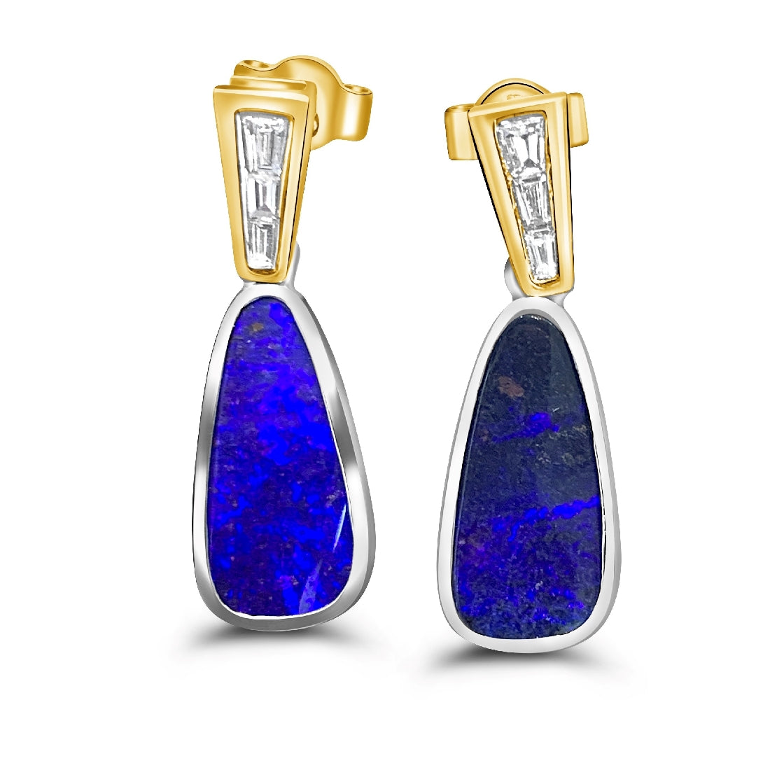 18kt Yellow and White Gold dangling Boulder Opal and Diamond earrings - Masterpiece Jewellery Opal & Gems Sydney Australia | Online Shop